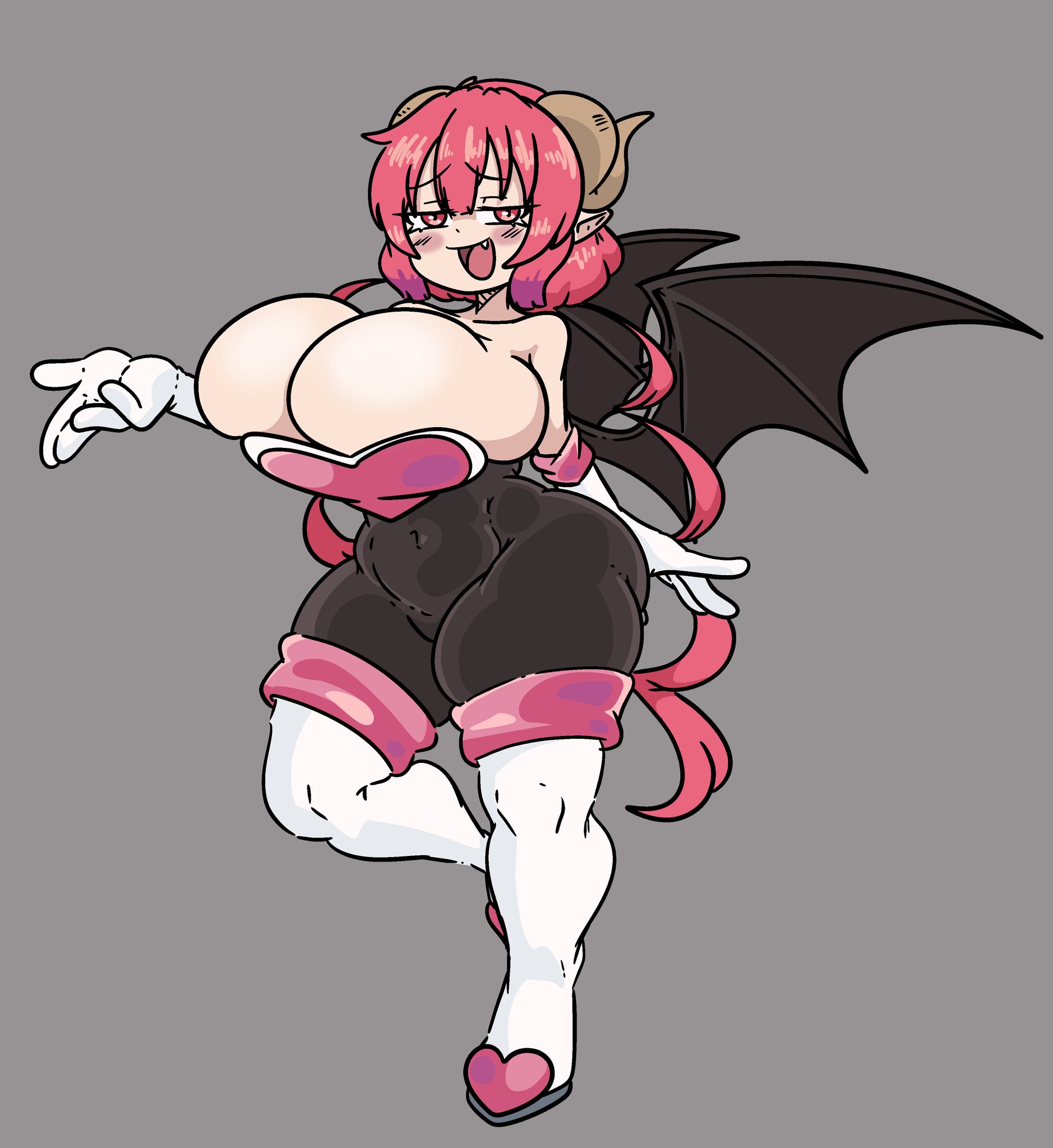1girls, 2d, 2d (artwork), alternate breast size, ass, bat wings, batwings, blush, blush lines, bodysuit, breasts, canine, color, cosplay, crossover, elbow gloves, female, female only, gloves, half-closed eyes, high resolution, highres, horns, humanoid, ilulu (dragon maid), inakotho, kobayashi-san chi no maidragon, laugh, laughing, long gloves, long hair, looking at viewer, membranous wings, miss kobayashi's dragon maid, mobian, mobian (species), mobian bat, narrow waist, navel, navel visible through clothes, open mouth, rouge the bat, rouge the bat (cosplay), sega, solo, sonic (series), sonic adventure 2, sonic the hedgehog (series), standing, standing on one leg, thick ass, thick thighs, thighs, tight clothing, tight fit, tongue, wings