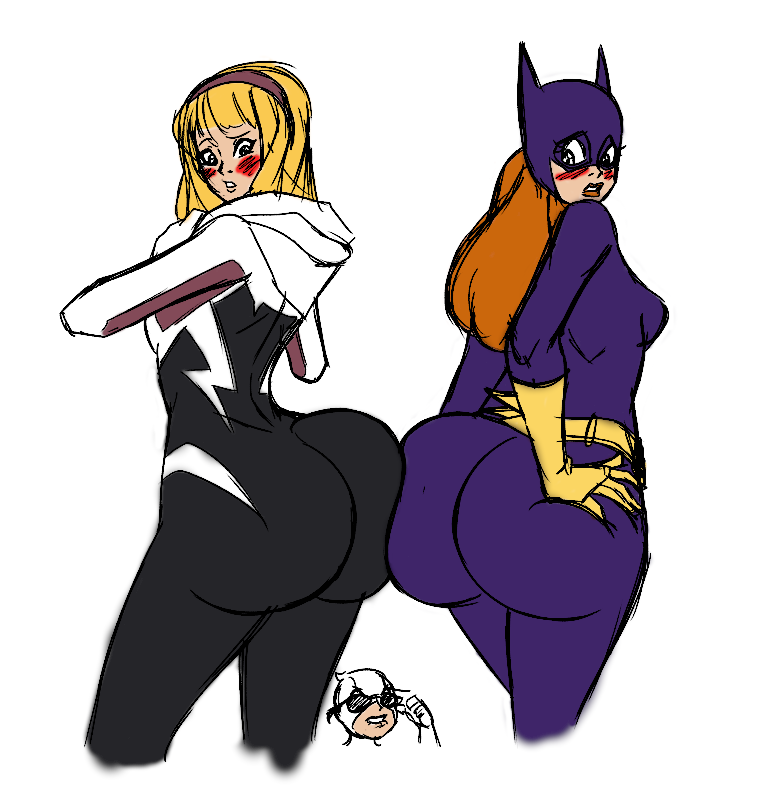 2girls ass_comparison ass_to_ass axel-rosered barbara_gordon batgirl batman_(series) big_butt blonde_hair blue_eyes blush blushing bottom_heavy comparing_asses dc dc_comics death_battle dumptruck_ass embarrassed eyelashes fat_ass_teen female female_only fully_clothed gwen_poole gwen_stacy gwenpool hairband hand_on_butt hick_ass huge_butt lard_ass large_butt leotard marvel marvel_comics paintmeanon pawg skin_tight spider-gwen spider-man_(series) superhero superhero_costume superheroine thick thick_thighs