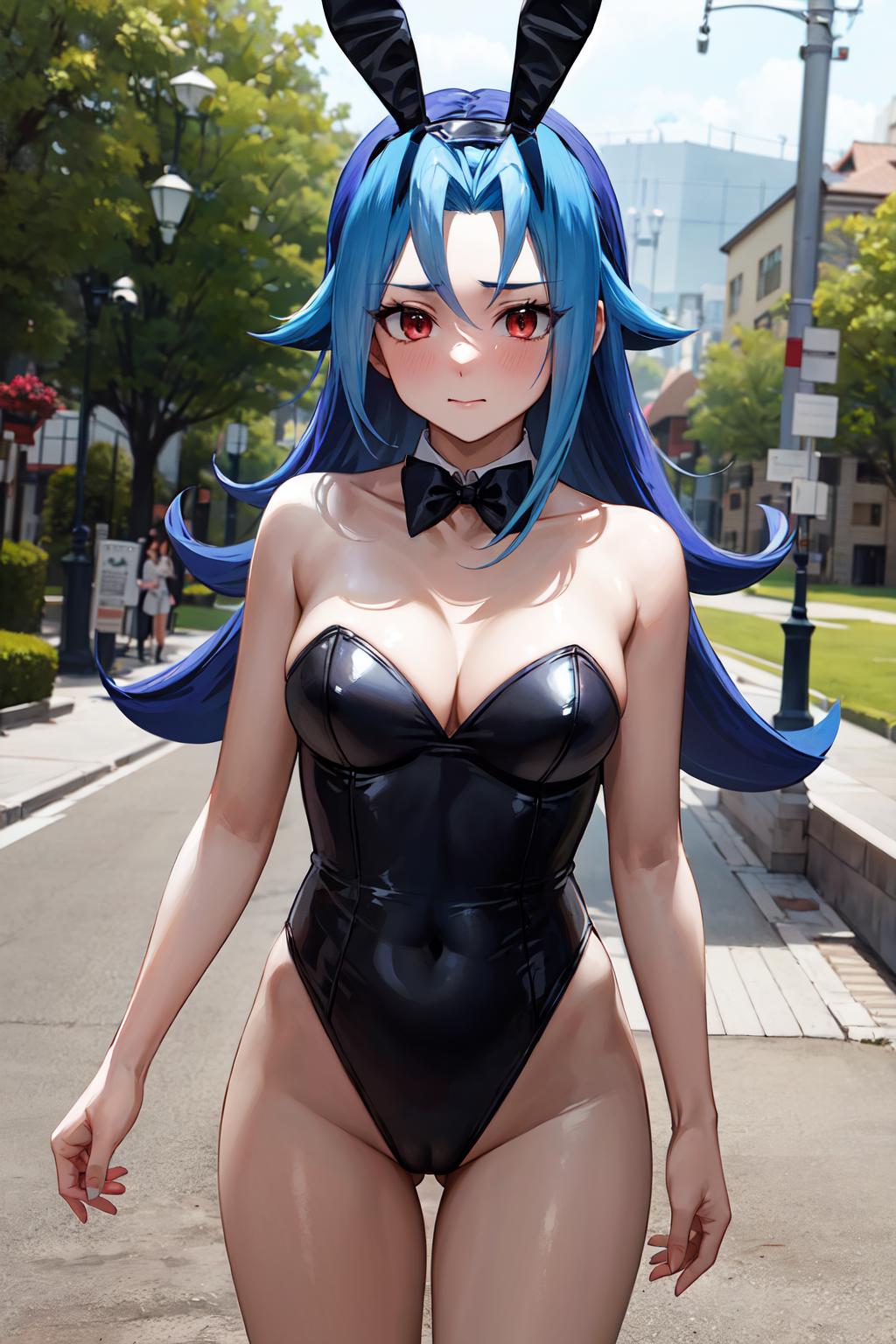 1girl ai_generated blue_hair blush bunny_ears bunnysuit female focus h_madoka hi_res kamishiro_rio looking_at_viewer medium_breasts nervous nervous_smile nervous_sweat red_eyes rio_kamishiro solo suit teenager yu-gi-oh! yu-gi-oh!_zexal