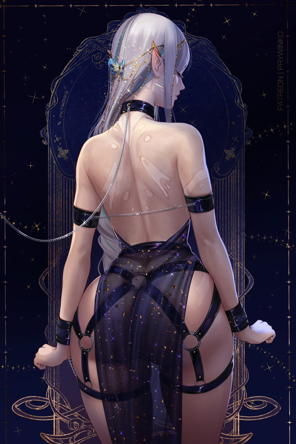 ass, big ass, big butt, bondage, bound, chain leash, chains, collar, dress, elf, elf female, female, female only, femsub, harness, leash and collar, prywinko, revealing clothes, translucent clothing, white hair