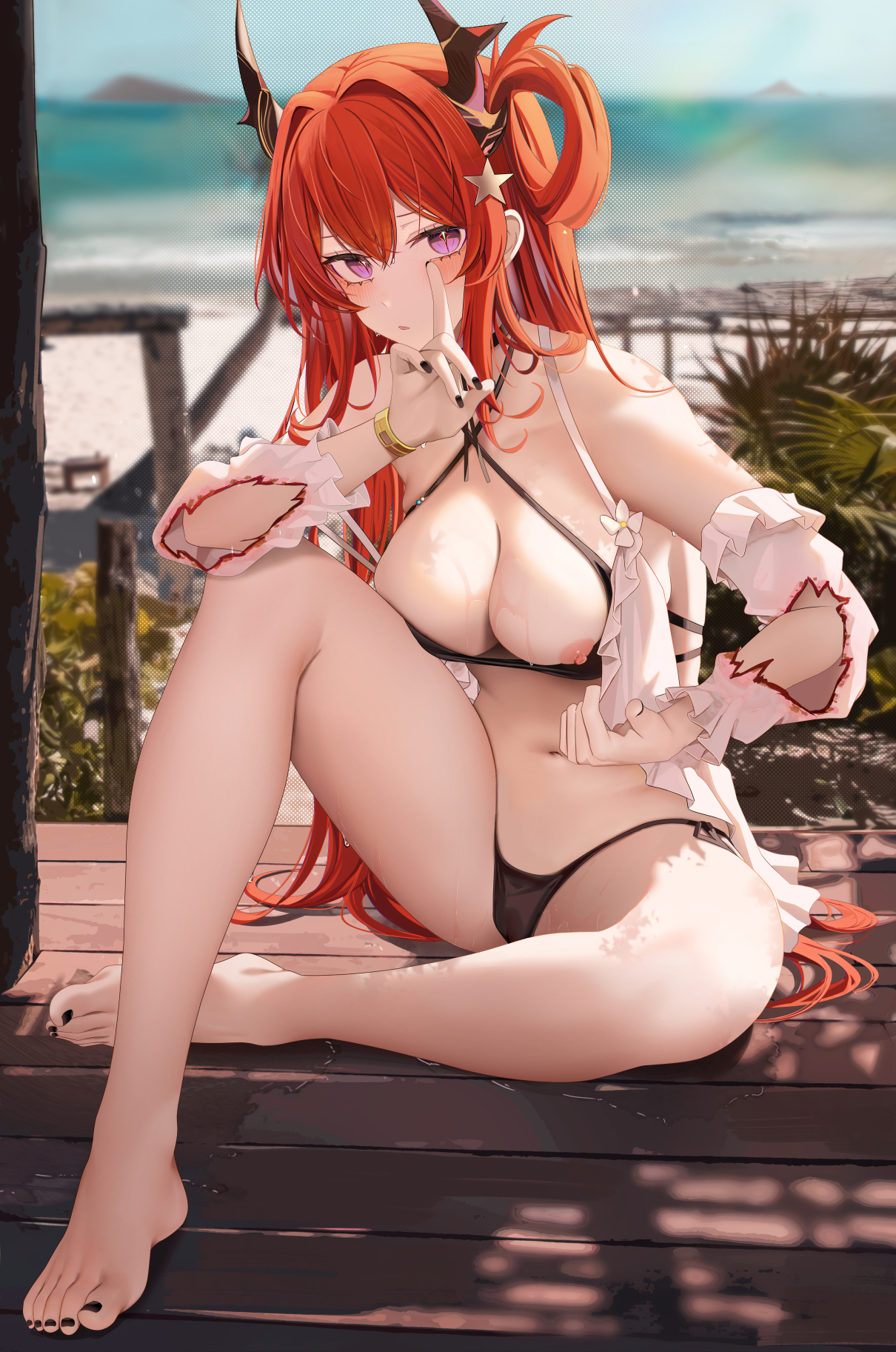 arknights, bare shoulders, barefoot, bikini, black bikini, black nails, blush, breasts, commentary, detached sleeves, feet, female, hair intakes, hair ornament, hand up, highres, horns, large breasts, long hair, looking at viewer, medium breasts, nail polish, navel, nipples, official alternate costume, outdoors, parted lips, purple eyes, red hair, ru zhai, sitting, slit pupils, solo, star (symbol), star hair ornament, surtr (arknights), surtr (colorful wonderland) (arknights), swimsuit, symbol-only commentary, thighs, toenail polish, toenails, watermark