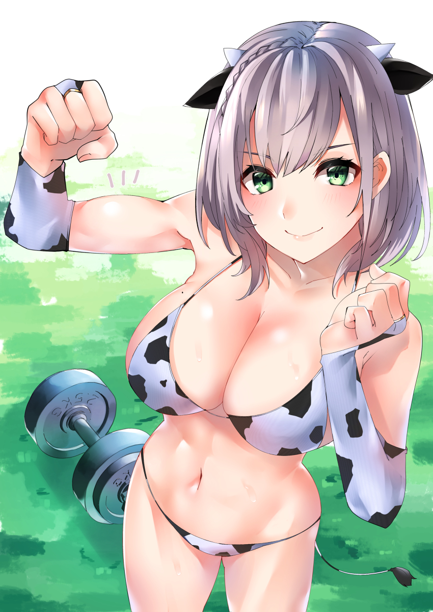 1girls belly_button bewitching_thighs blush breasts cleavage cow_accoutrements cow_bikini cow_ears cow_horns cow_print cow_print_bikini cow_tail fake_animal_ears female female_only green_eyes hololive hololive_fantasy hololive_japan huge_breasts light-skinned_female light_skin nikku_hikikomori shirogane_noel smile solo virtual_youtuber weights white_hair