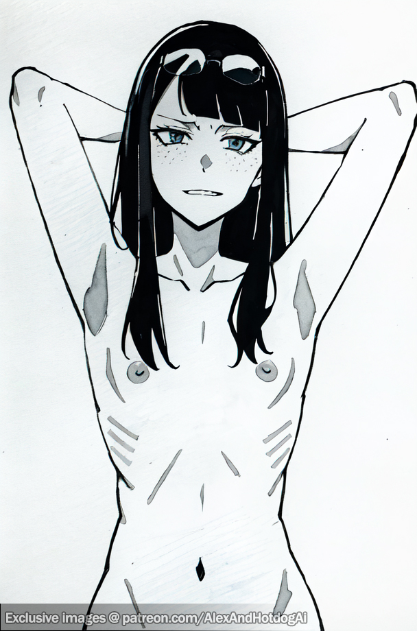 1girls abdomen ai_generated alexandhotdogai androgynous armpits arms_behind_back arms_up black_hair blue_eyes breasts collarbone completely_nude completely_nude_female eizouken_ni_wa_te_wo_dasu_na! eyelashes eyeliner female female_only flat_chest freckles glasses glasses_on_head keep_your_hands_off_eizouken long_hair looking_at_viewer makeup megane monochrome naked nipples nude pelvic_line ribcage ribs sayaka_kanamori simple_background skinny small_breasts smiling stable_diffusion straight_hair tall_female tall_girl taller_female taller_girl thin thin_female wide_hips