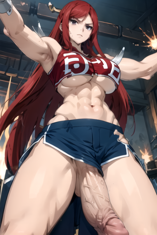 1futa, abs, ai generated, balls, clothes, clothing aside, erza scarlet, fairy tail, futanari, gym clothes, huge cock, intersex, jaconicon, long hair, long penis, muscles, muscular, muscular futa, penis, penis out, red hair, ripped clothing, solo futa, tagme