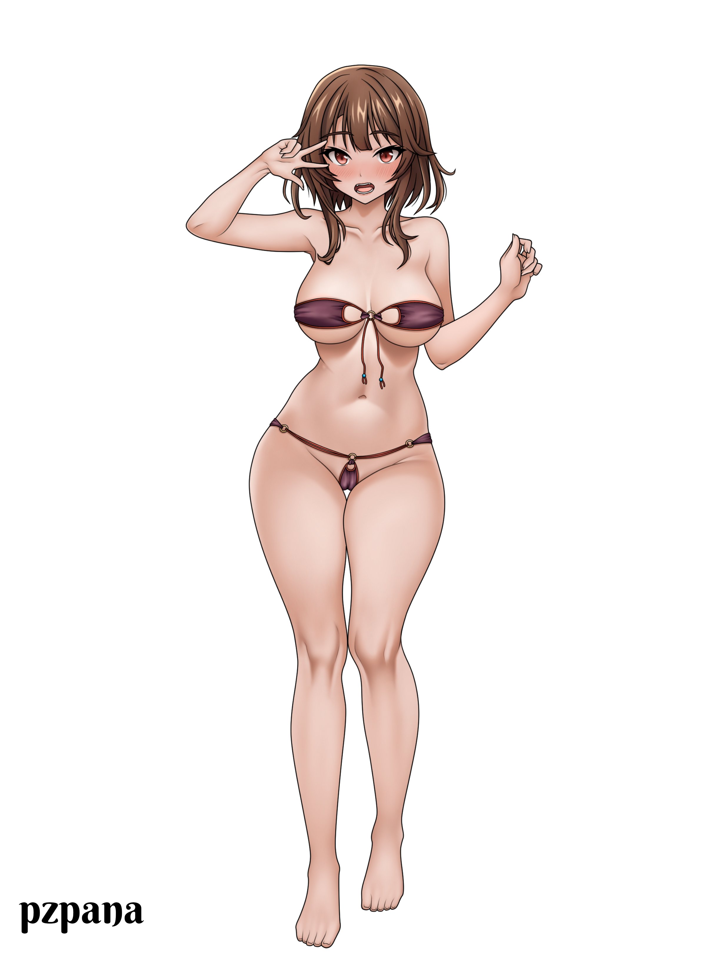 1girls, alternate version available, big breasts, bikini, bikini bottom, bikini top, black bikini, blush, bottomwear, breasts, brown eyes, brown hair, cleavage, eyepatch bikini, feet, female, female only, full body, hair, hips, kono subarashii sekai ni shukufuku wo!, legs, megumin, peace sign, pzpana, short hair, solo, solo female, swimwear, thighs, topwear, white background