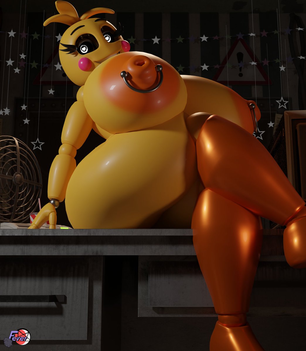 1girls, 3d, animatronic, big breasts, blush, blush stickers, breasts, eyebrows, eyelashes, female, female only, feversfm, five nights at freddy's, five nights at freddy's 2, furry, heart-shaped pupils, huge breasts, hyper, hyper breasts, joints, large breasts, looking at viewer, nipple piercing, nipples, nude, orange nipples, piercing, robot, robot girl, sharp teeth, smile, solo, solo female, solo focus, thick thighs, thighs, top heavy, toy chica (fnaf), toy chica (love taste), watermark, white eyes, wide hips, yellow body, yellow skin
