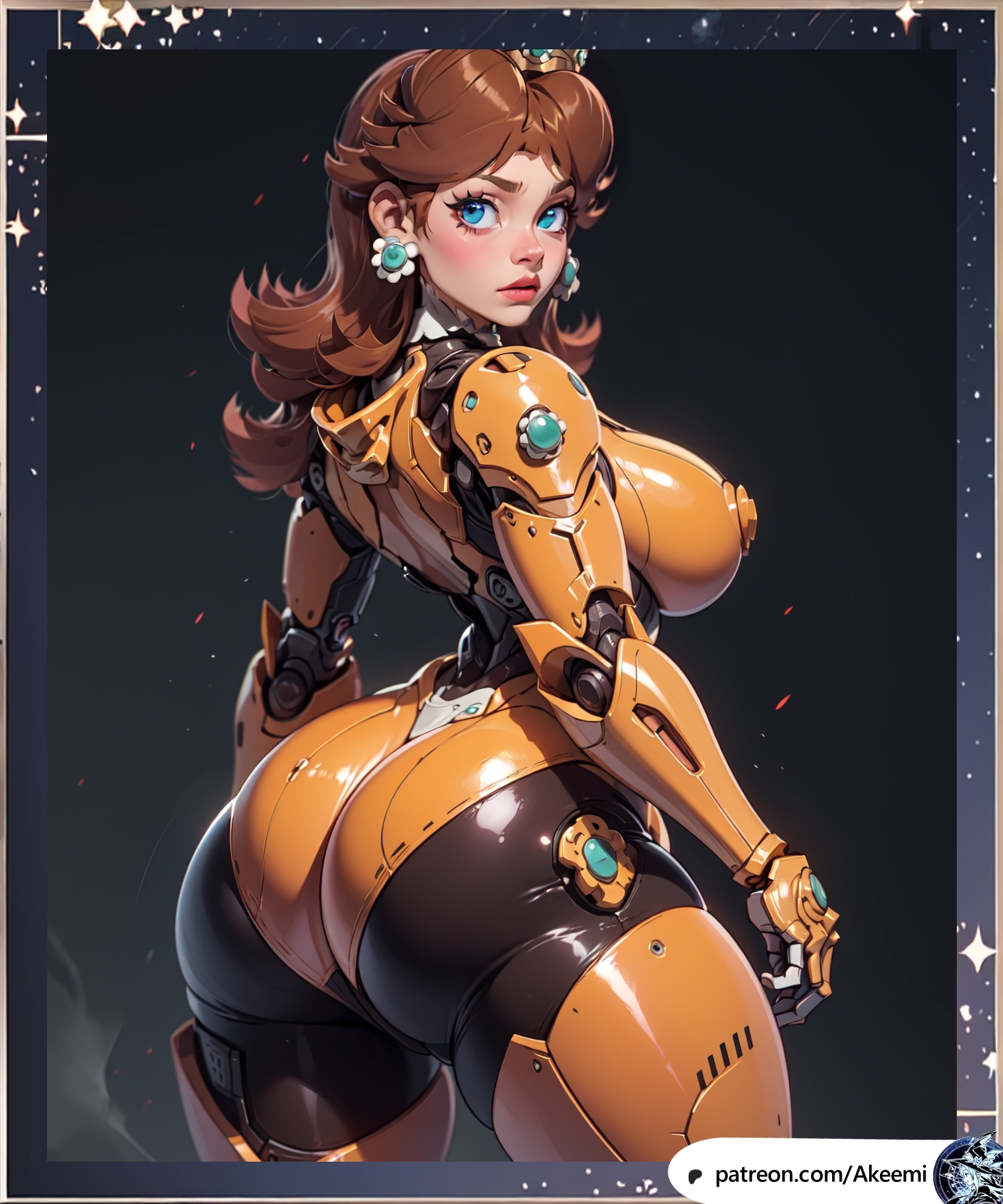 ai generated, akeemi, armor, ass, breasts, female, huge ass, huge breasts, long hair, looking at viewer, mario (series), massive ass, massive butt, mecha, princess, princess daisy, science fiction, thick thighs, wide hips
