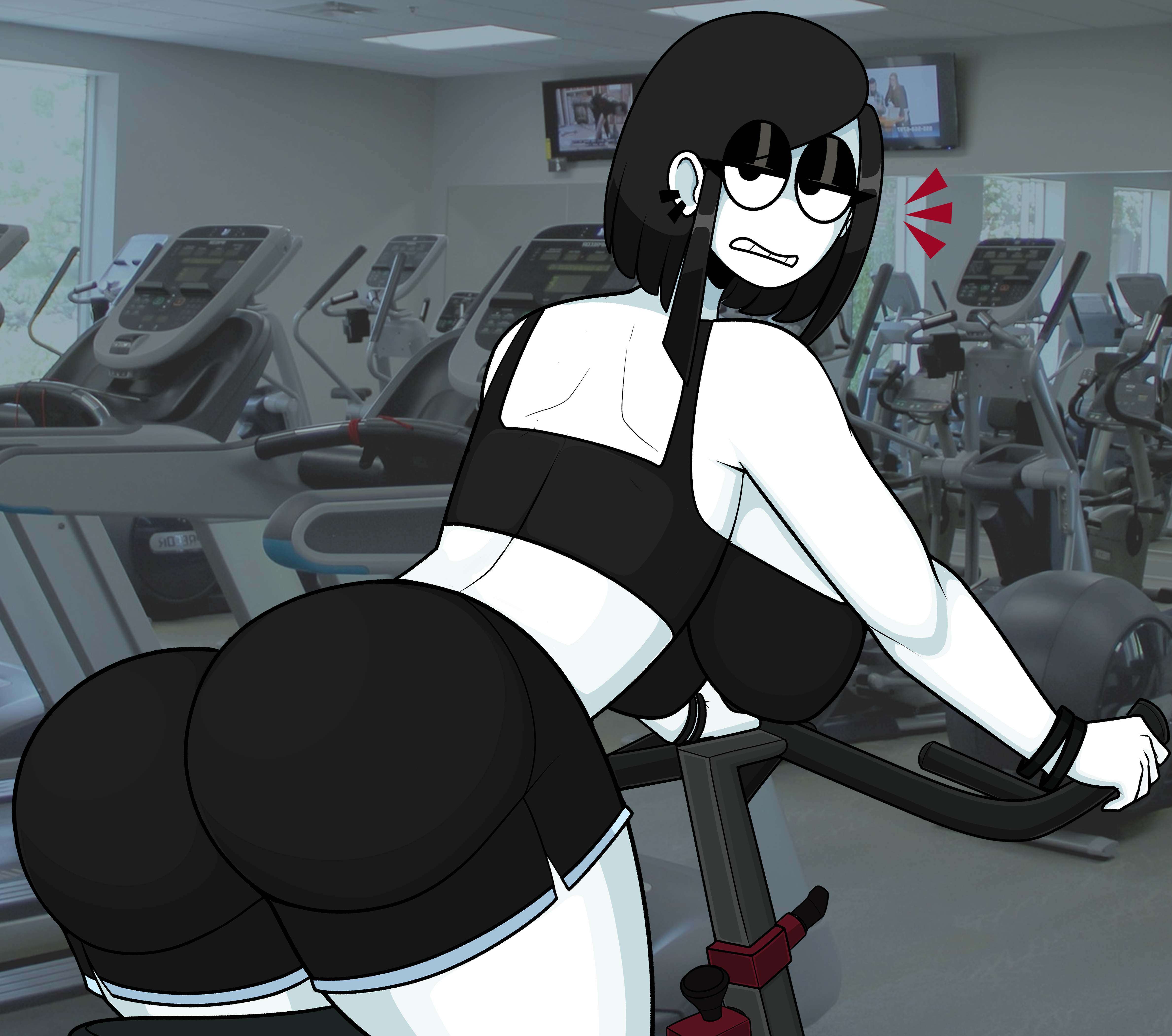 1girls, ass, big ass, big breasts, black hair, breasts, bubble ass, bubble butt, crop top, ear piercing, earrings, female, female only, goth, goth girl, half-closed eyes, huge ass, huge breasts, looking at viewer, looking back, piercing, pov, saltynoodles, shorts, solo, thick thighs, veronica (saltynoodles), white skin, wide hips, workout, workout clothes