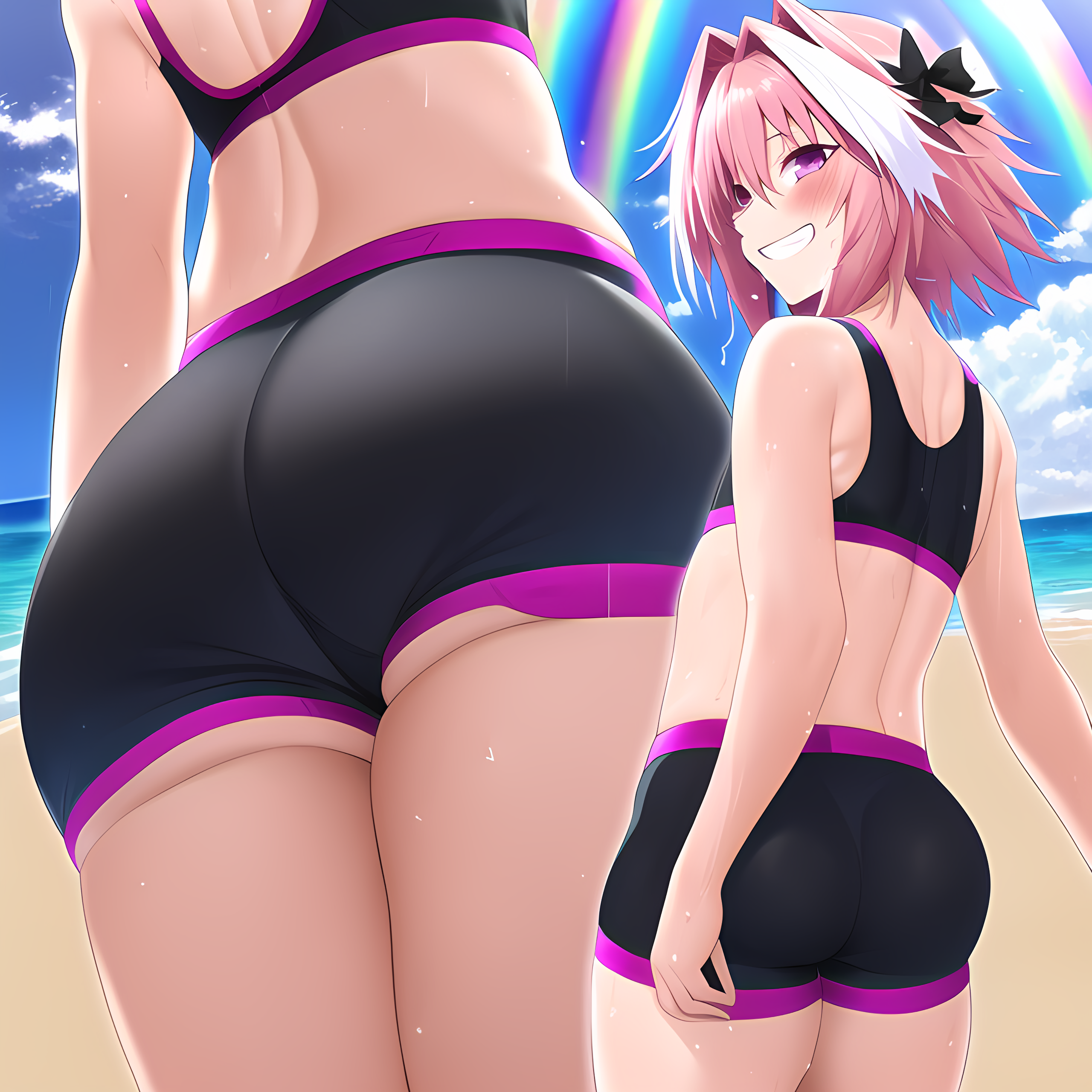 1boy, ai generated, ass, ass focus, astolfo (fate), beach, big ass, big butt, bulge, fate (series), fate/apocrypha, fate/grand order, femboy, girly, male, male only, novelai, ocean, pink eyes, pink hair, pov, rainbow, shorts, smile, smiling, smiling at viewer, solo, spandex, spandex shorts, wet, wet clothes