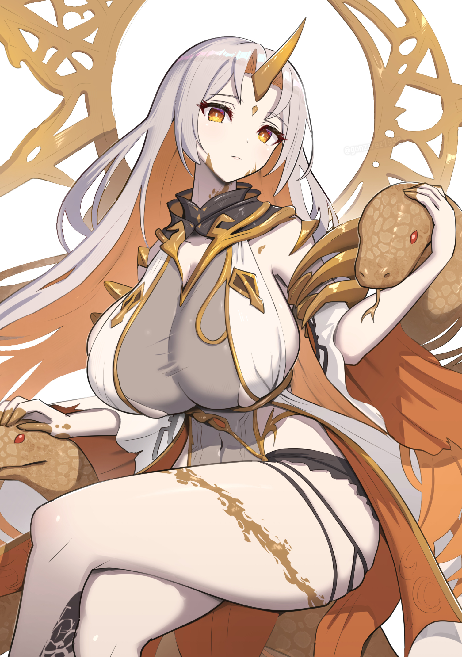 1 horn, 1girls, bare legs, bare shoulders, blonde hair, breasts, commentary request, covered navel, female, female only, fire emblem, fire emblem heroes, gonzarez, grey hair, gullveig (fire emblem), highres, horns, huge breasts, legs, long hair, long sleeves, looking at viewer, multicolored hair, nintendo, pale skin, snake, snake hair, solo, thick thighs, thighs, two-tone hair, very long hair, yellow eyes