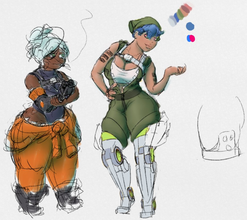 bandana bandana cleavage dark_skin green_eyes green_hair hand_on_hip harness jumpsuit jumpsuit_around_waist lips long_legs looking_at_another mechanical_arm mechanical_leg mechanical_legs mechanical_limbs oc olive_skin original_character piercing piercings pink_eyes plump_lips prosthetic prosthetic_arm prosthetic_leg prosthetic_limb robotic_arm robotic_legs robotic_limb self_upload shortstack sketch smoking smug sydney_(yetig) tattoo tattoo_on_arm tattooed_arm tattoos thick_lips thick_thighs white_hair wide_hips wren_(yetig) yetig