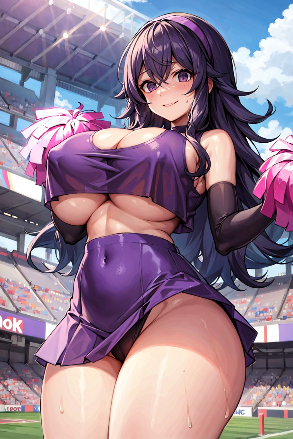 1girls, ai generated, breasts, cheerleader, female, hex maniac, hips, huge breasts, light skin, light-skinned female, long hair, nintendo, pokemon, pokemon xy, purple eyes, purple hair, slim waist, stable diffusion, thick thighs, thighs, wide hips