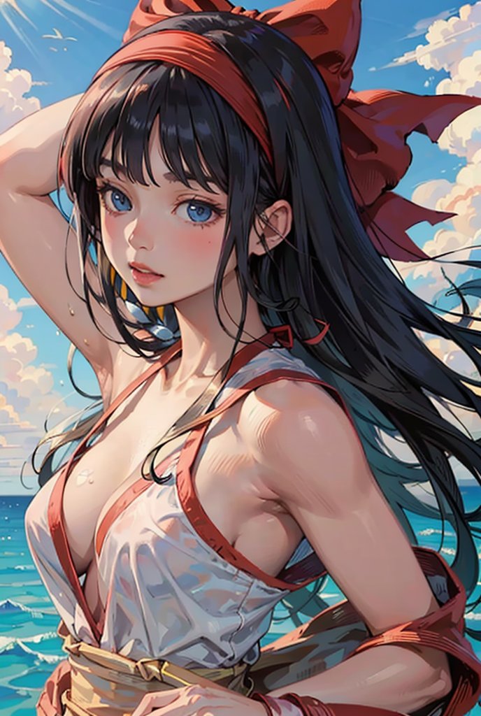 1girls ai_generated ainu_clothes arm_behind_head armpits beach big_breasts black_hair blue_eyes blush breasts busty cleavage female female_only fingeless_gloves fingerless_gloves gloves hair_ribbon king_of_fighters looking_at_viewer medium_breasts nakoruru ocean outstretched_arm parted_lips pose posing red_lipstick ribbon samurai_shodown sensual smile snk solo stable_diffusion voluptuous water