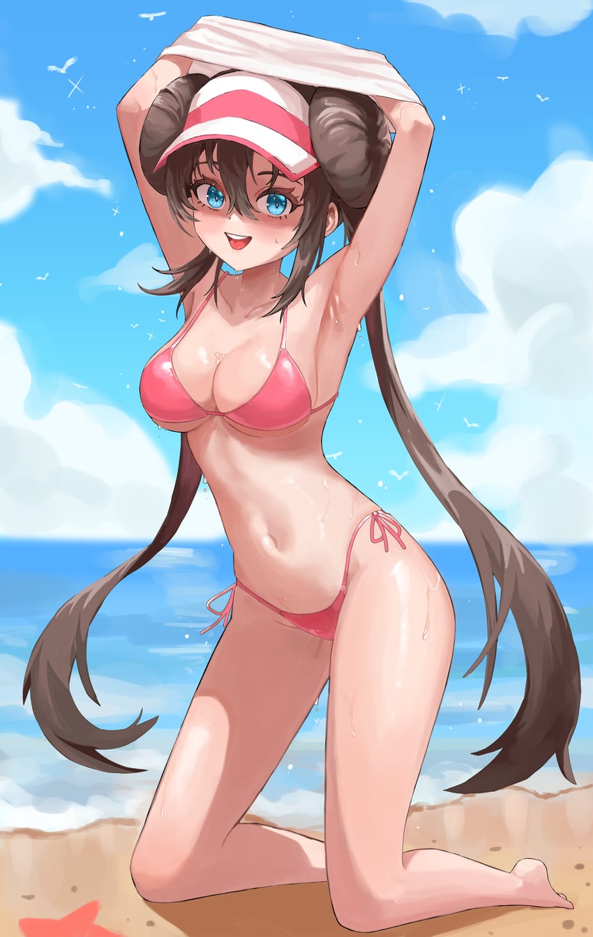 1girls, armpits, arms up, barefoot, beach, bikini, blue eyes, blue sky, breasts, brown hair, cleavage, cloud, day, double bun, doughnut hair bun, female, full body, hair bun, horizon, juice gukbap, kneeling, long hair, looking at viewer, medium breasts, nintendo, ocean, outdoors, pink bikini, pokemon, pokemon bw, rosa (pokemon), side-tie bikini bottom, sky, smile, solo, swimsuit, twintails, undressing, very long hair, visor cap, wet
