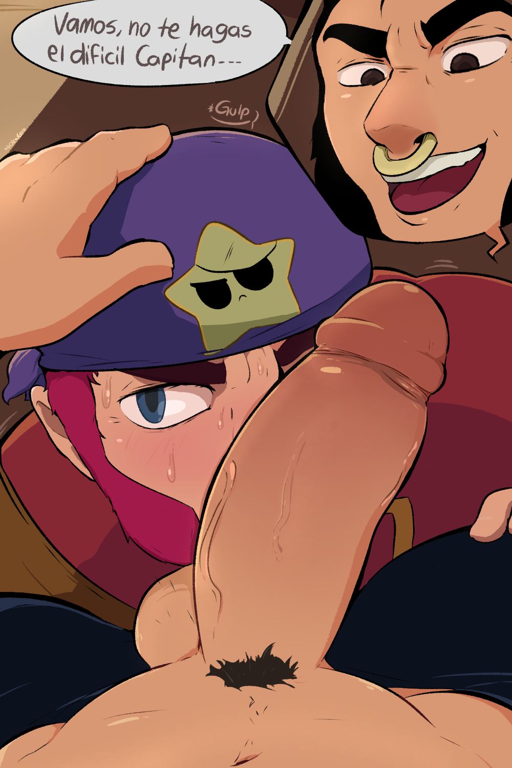 2boys, angry, bara, boner, brawl stars, bull (brawl stars), colt (brawl stars), domination, erection, gay, gay anal, male, male only, male pov, male/male, nahu600, penis, penis in face, pirate, spanish text, text, yaoi