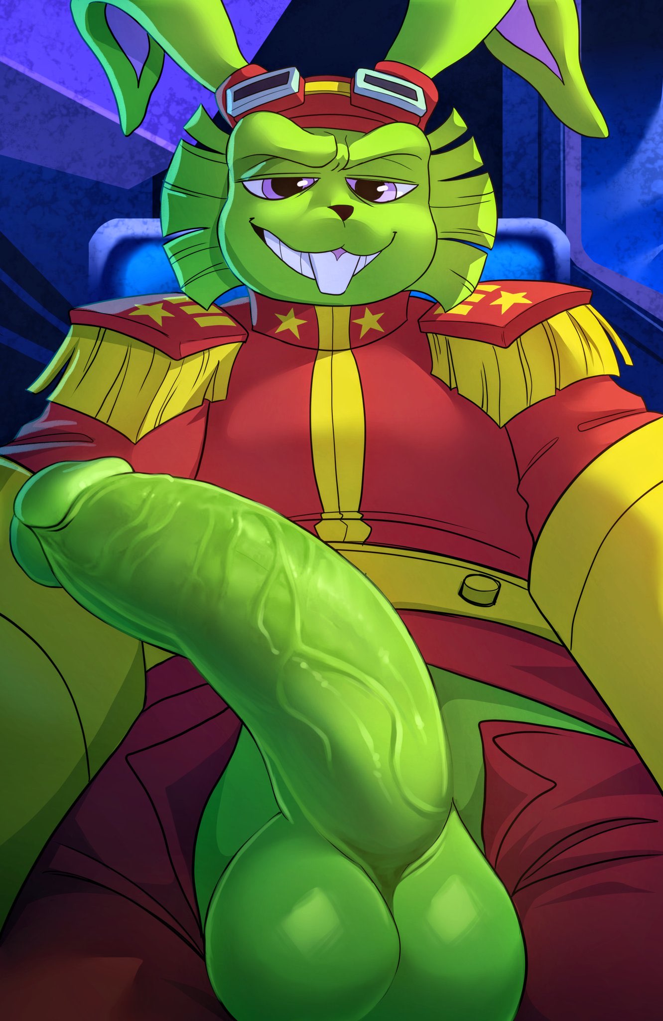 anthro balls buckteeth bucky_o'hare bucky_o'hare_(series) clothing genitals grin hi_res lagomorph leporid male mammal penis rabbit smile solo teeth uniform unknown_artist