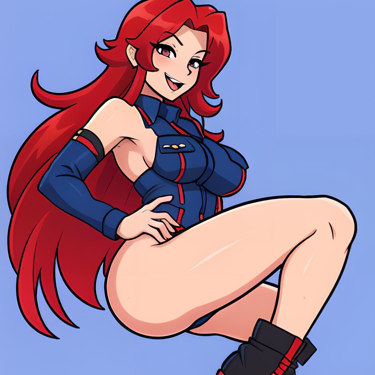 ai_generated ass big_ass big_breasts big_thighs blue_background hips huge_hips large_ass large_breasts lololowka long_hair perfect_world police_uniform policewoman red_eyes red_hair sharon_(perfect_world)