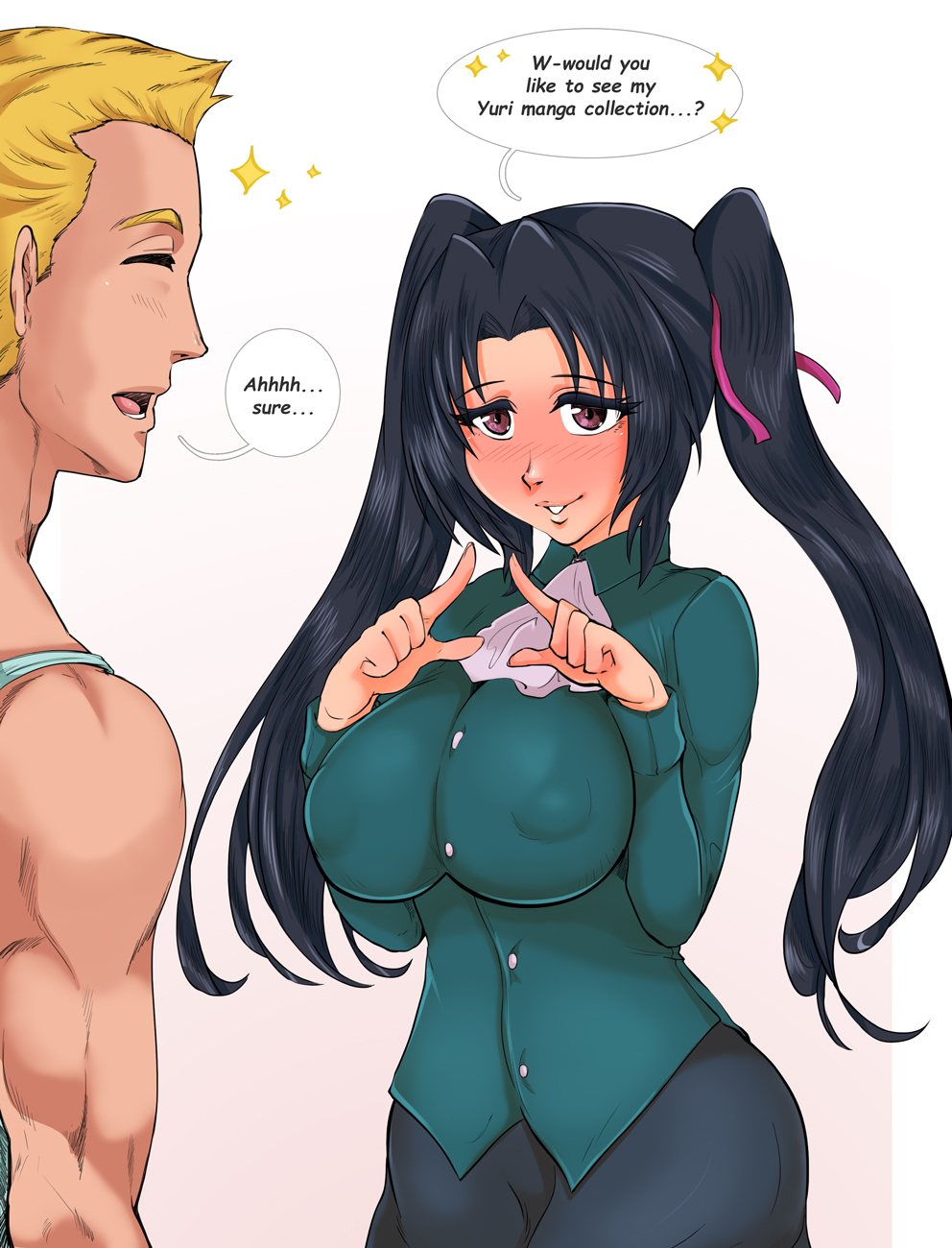 1boy black_hair blush dialogue female green_shirt high_school_dxd kajimateria large_breasts male pink_eyes serafall_leviathan twintails