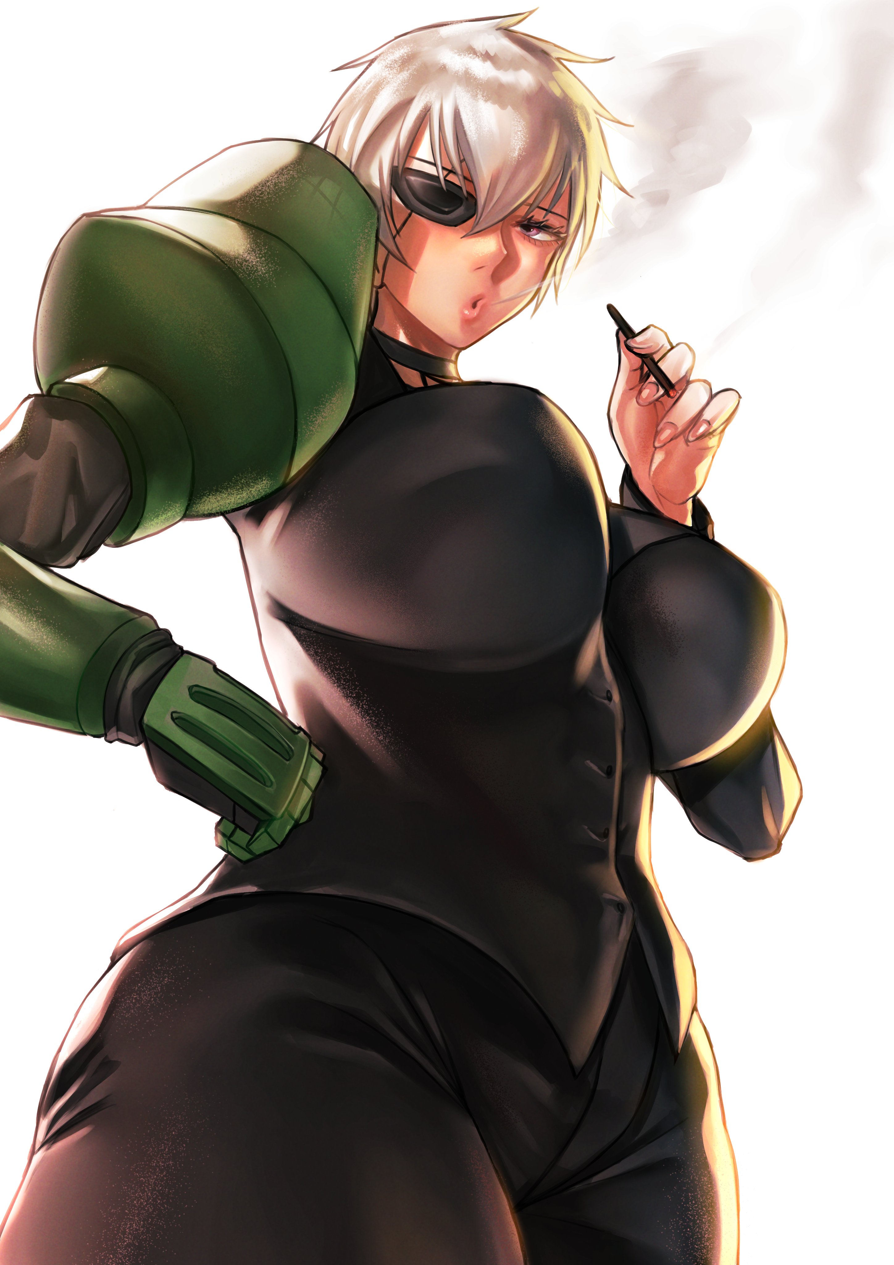 1girls, 2023, 2d, 2d (artwork), akame ga kill!, akasa523, ass, big breasts, black pants, black shirt, breasts, choker, cigar, clothing, covering breasts, eyepatch, feet out of frame, female, female only, fully clothed, hair between eyes, hand on hip, huge breasts, human, human only, large ass, large breasts, light skin, light-skinned female, looking at viewer, mature, mature female, mechanical arm, nail polish, nails, najenda (akame ga kill!), no sex, oppai, prosthetic, prosthetic arm, prosthetic limb, purple eyes, questionable, short hair, silver hair, simple background, smoke, smoking, solo, solo female, solo focus, square enix, standing, thick, thick lips, thick thighs, tomboy, voluptuous, voluptuous female, white background