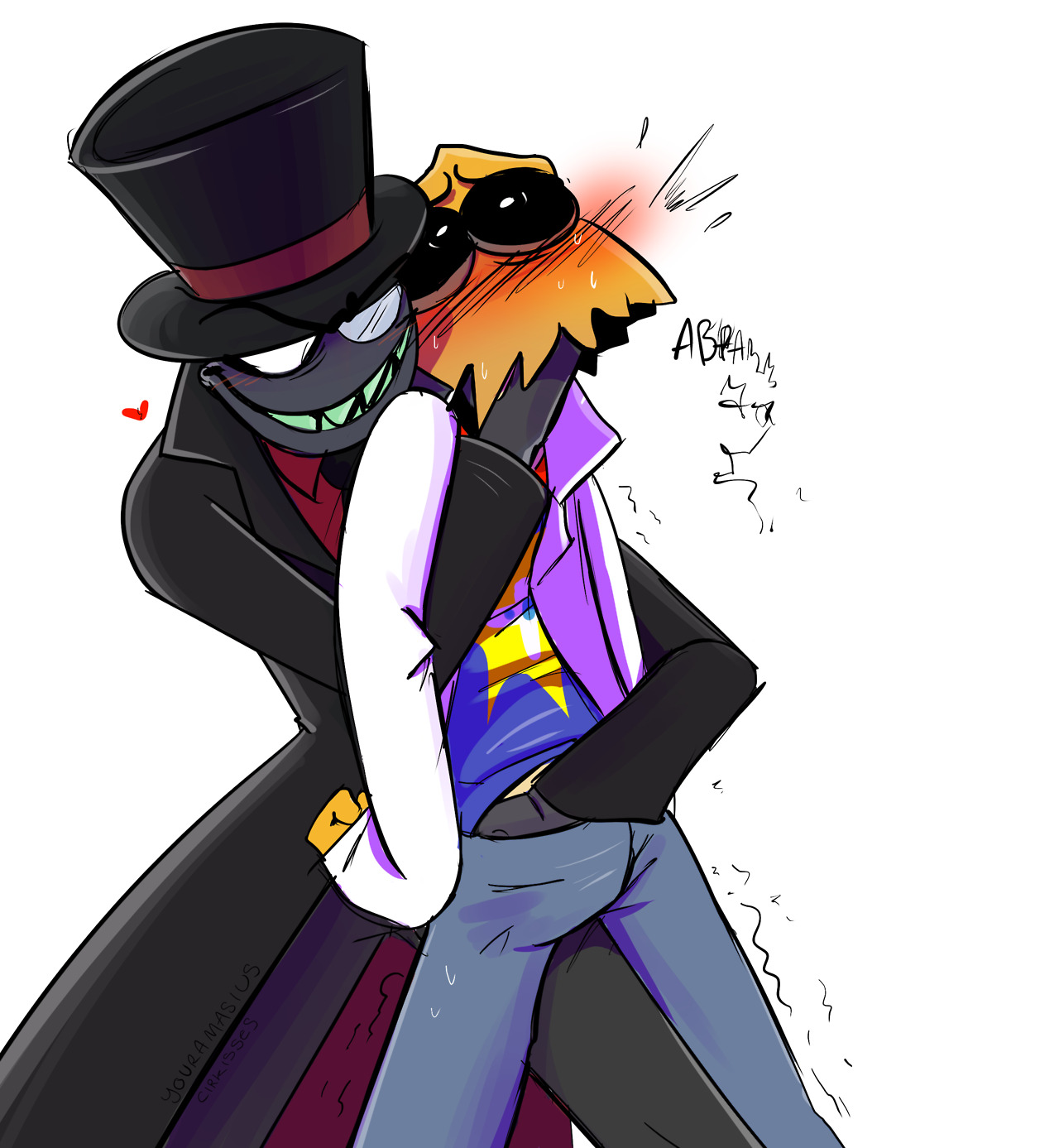 <3, 2boys, black hat (villainous), blush, cartoon network, clothed, clothing, dr. flug (villainous), duo, eyewear, gay, goggles, grin, hand in pants, hat, headgear, headwear, heart, humanoid, male, male only, male/male, monocle, no visible genitalia, paper bag, sharp teeth, simple background, smile, sweat, teeth, toony, top hat, villainous, white background, yaoi, youramasius