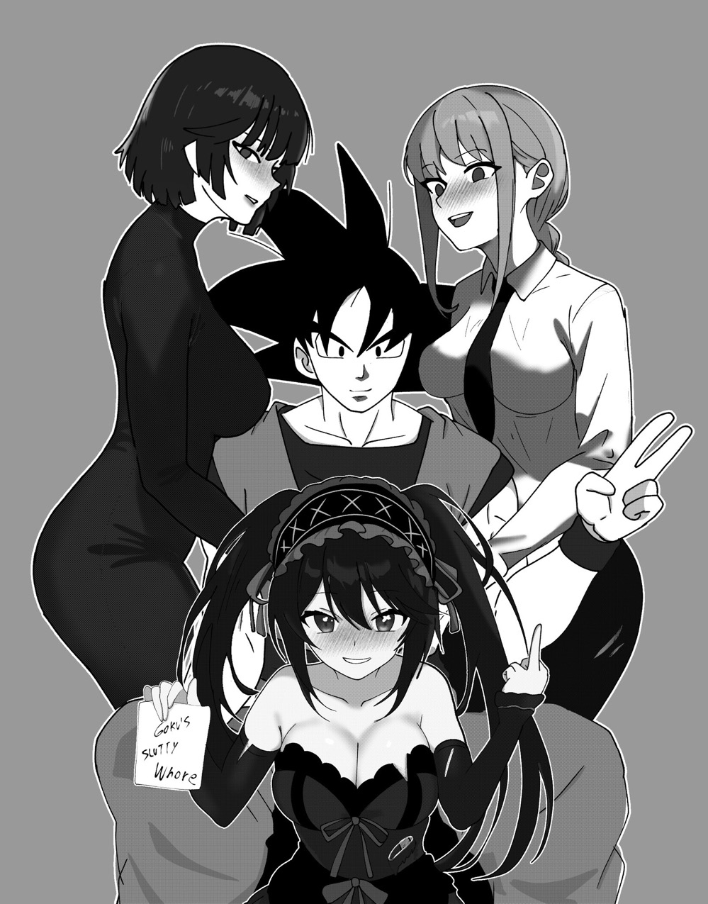 1boy 3girls ass big_breasts black_and_white breasts chainsaw_man crossover curvy curvy_figure date_a_live dragon_ball dragon_ball_super dragon_ball_z dress female fubuki_(one-punch_man) harem horny_female large_breasts makima_(chainsaw_man) male middle_finger monochrome multiple_girls one-punch_man posing slut son_goku the_yuzou tokisaki_kurumi