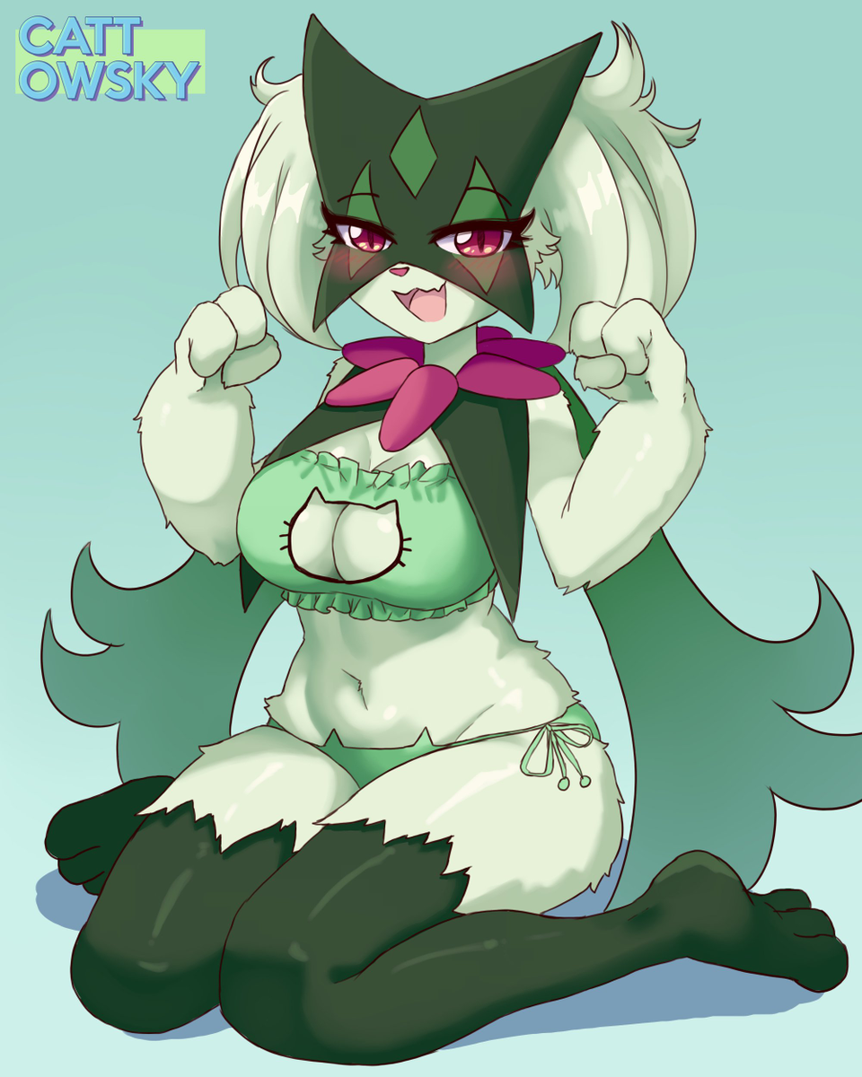 anthro, cat lingerie, cattowsky, green fur, meowscarada, pokemon, pokemon (species), pokemon sv