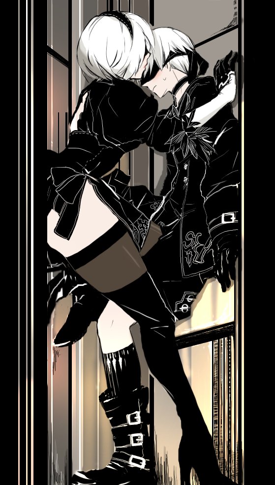1boy, 1girls, 2023, black thighhighs, blindfold, boots, choker, female, gloves, hairband, high heels, jacket, leather, leather boots, leather jacket, leotard, light skin, light-skinned female, light-skinned male, lowres, nier (series), nier: automata, pantyhose, short hair, sweatdrop, thick thighs, thigh boots, thighhighs, thighs, tomomo, white hair, yorha 2b, yorha 9s