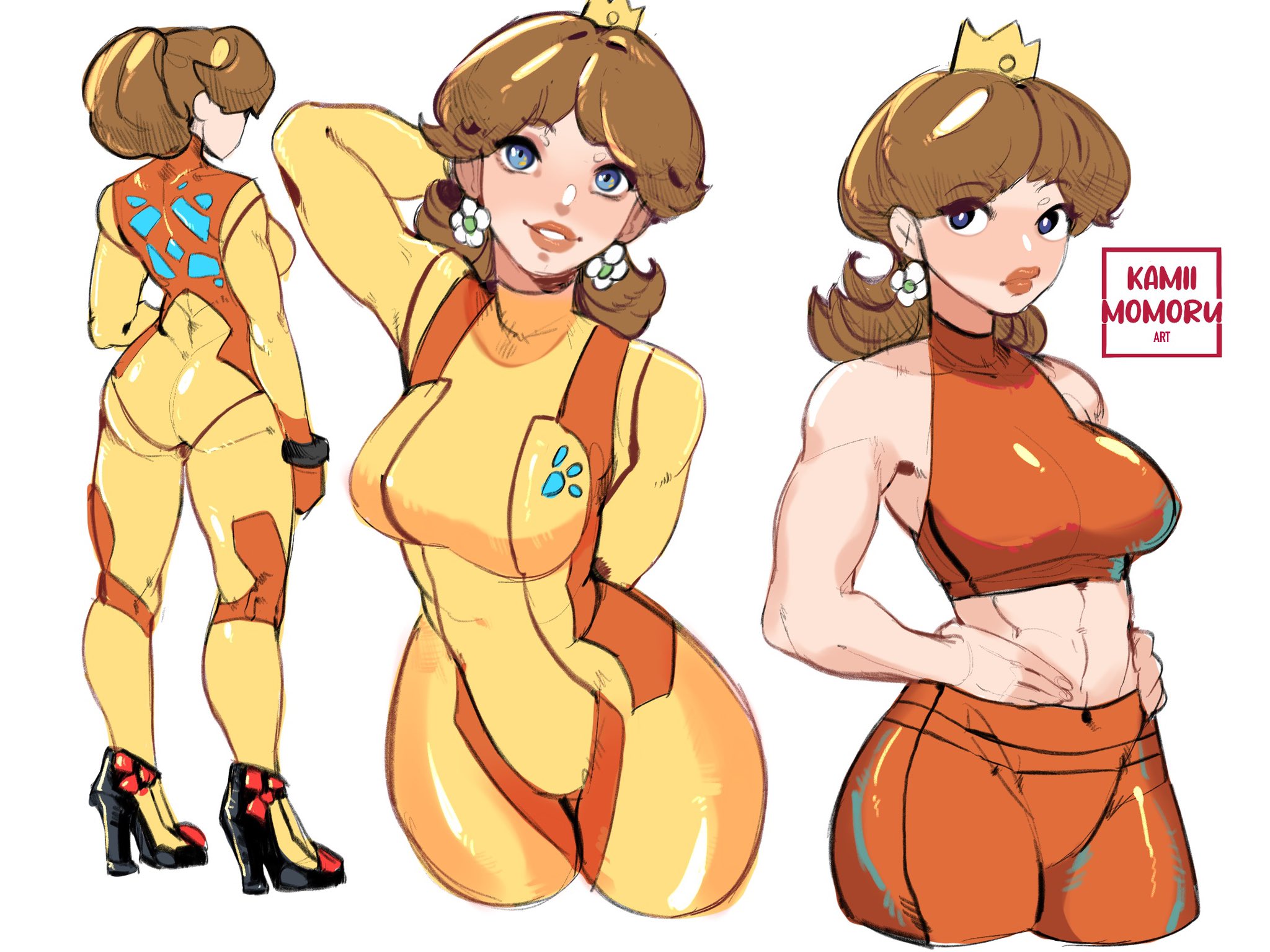 1girls, alternate breast size, alternate hairstyle, ass, bodysuit, breasts, brown hair, casual outfit (metroid), cleavage, collage, cosplay, crown, female, female only, full body, kamii momoru, large breasts, mario (series), midriff, multiple poses, multiple views, nintendo, princess daisy, samus aran (cosplay), short hair, simple background, skin tight, skindentation, skintight, smile, solo, standing, tagme, tight, tight clothes, tight clothing, tight fit, white background, zero suit, zero suit samus (cosplay)