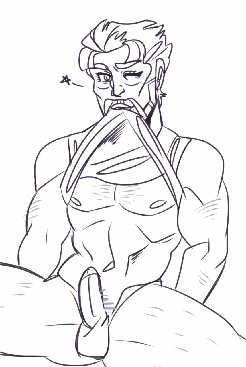 1boy biting_clothes erection gdilf jojo's_bizarre_adventure joseph_joestar male male_only mature_male monochrome nsfwshark old_joseph older_male one_eye_closed penis shirt_pulled_up shirt_up solo stardust_crusaders