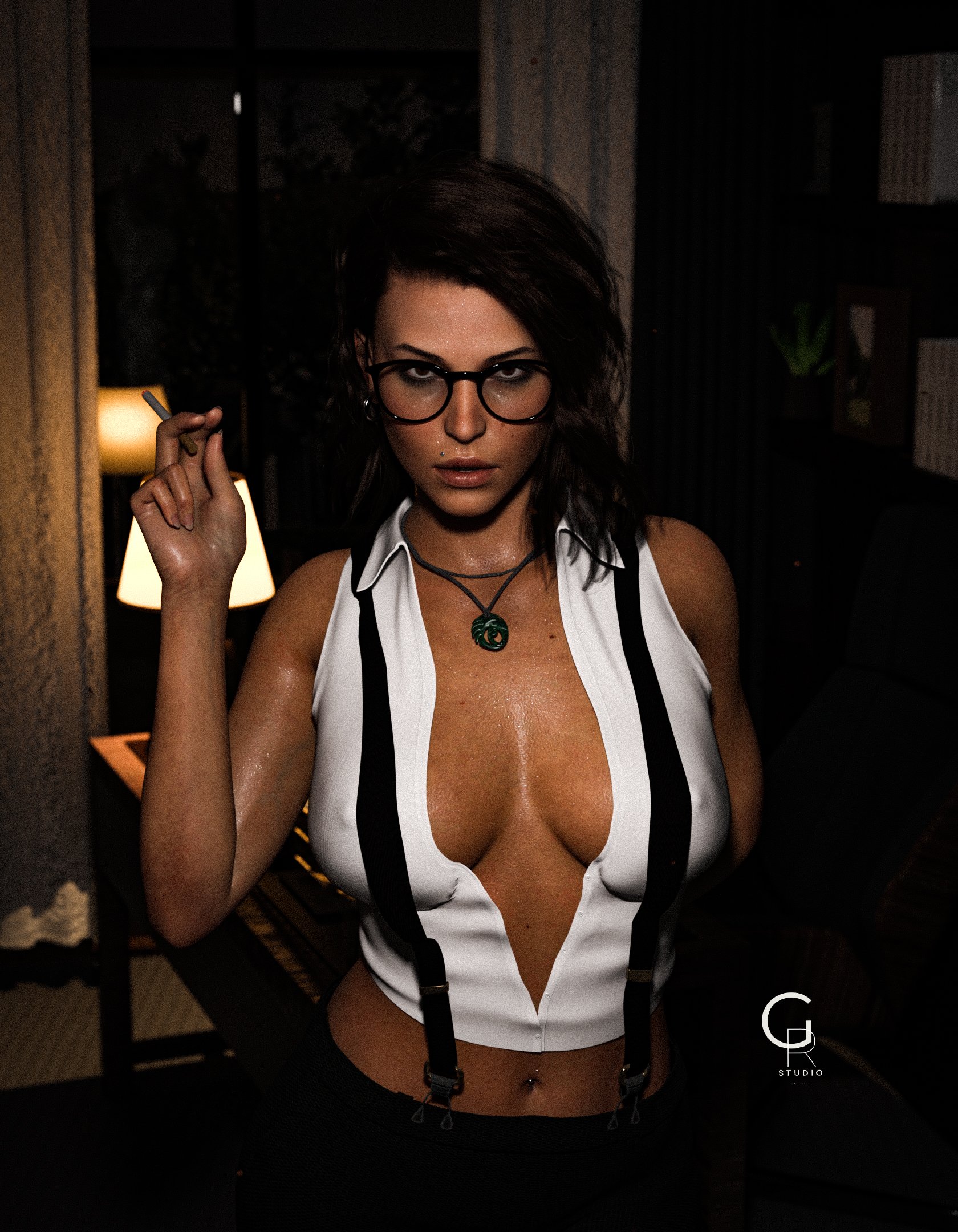 3d, breasts, brown eyes, brown hair, busty, cigarette, cleavage, female, female focus, female only, giorgio rendering, glasses, hourglass figure, lara croft, lara croft (survivor), long hair, necklace, pinup, pinup pose, signature, smoking, suspenders, tagme, text, tobacco, tomb raider, tomb raider (survivor), wide hips