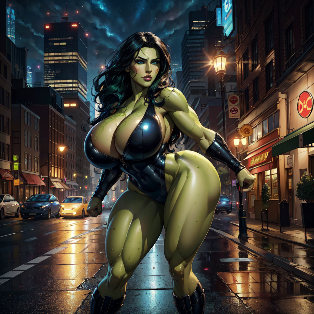 1girls action_pose ai_generated big_breasts big_thighs black_hair bracers busty female female_only giant_breasts green-skinned_female green_skin highleg_leotard huge_breasts huge_thighs hulk_(series) jamesdeanbooba leotard long_hair marvel marvel_comics massive_breasts muscles muscular muscular_arms muscular_female muscular_thighs she-hulk solo solo_female street thick thick_thighs thunder_thighs thunderthighs