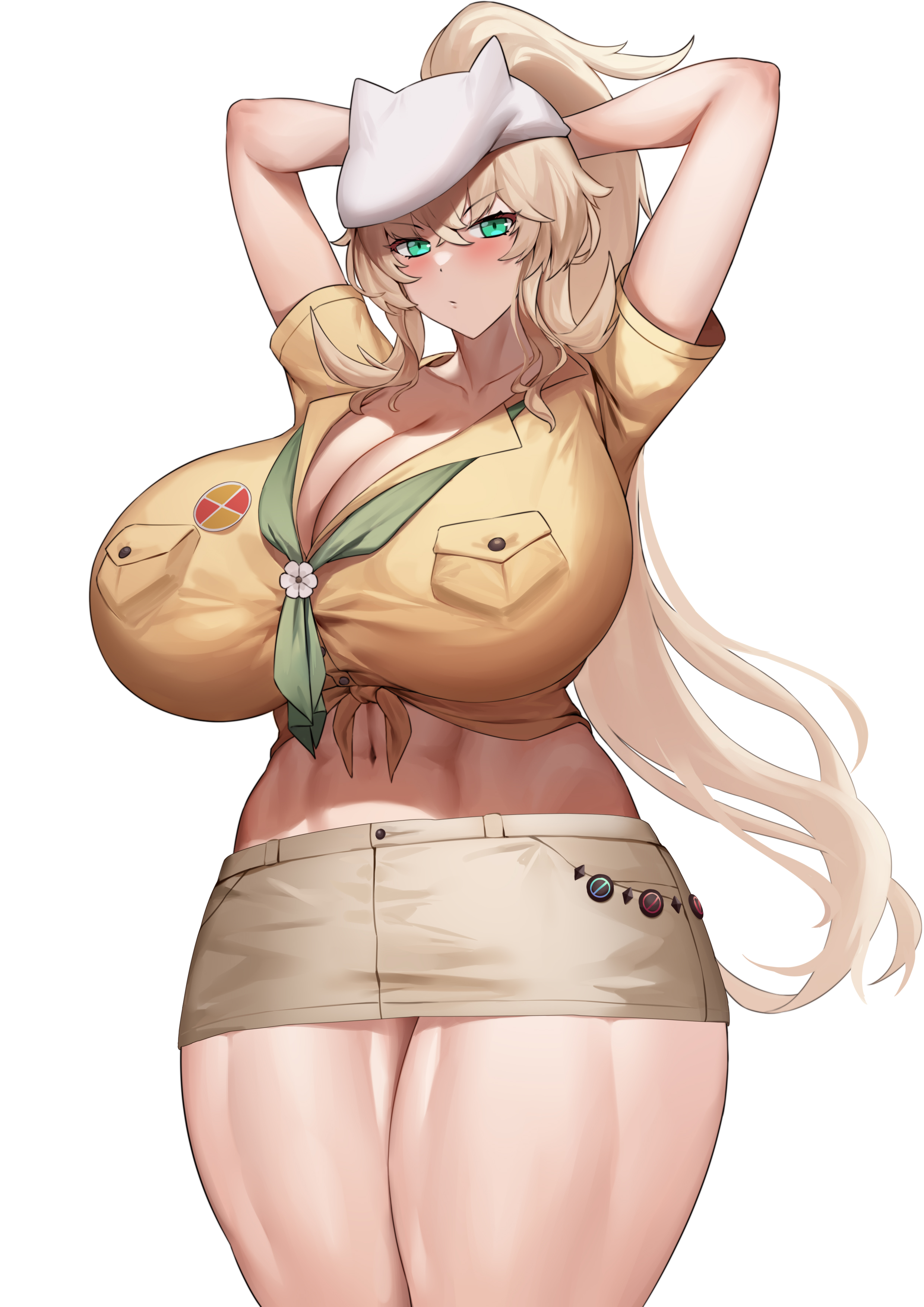1girls, arms up, barghest (gawain) (fate), barghest (swimsuit archer) (first ascension) (fate), blonde hair, breasts, fate (series), fate/grand order, female, green eyes, hat, hi res, huge breasts, jingb dx, light skin, light-skinned female, long hair, massive breasts, thick thighs, thighs, thunder thighs, voluptuous, wide hips