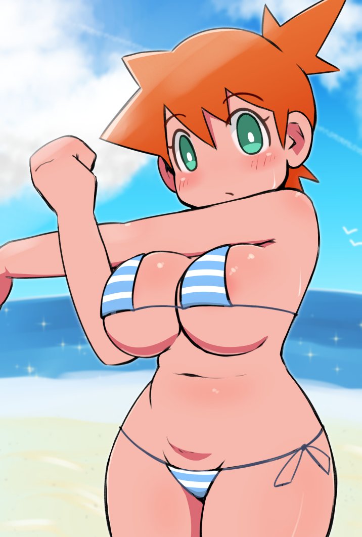 /// adapted_costume areola_slip areolae asymmetrical_hair bare_legs beach bikini blush breast_slip breasts cleavage clothing cowboy_shot crop_top female female_only game_freak green_eyes gym_leader huge_breasts kasumi_(pokemon) large_breasts legs looking_at_viewer makino_nono navel nintendo orange_hair pokemon pokemon_(anime) pokemon_(classic_anime) pokemon_(game) pokemon_character pokemon_rgby ponytail red_hair shirt short_hair side_ponytail simple_background smile solo swimsuit thick_thighs thighs tied_hair water white_background wide_hips