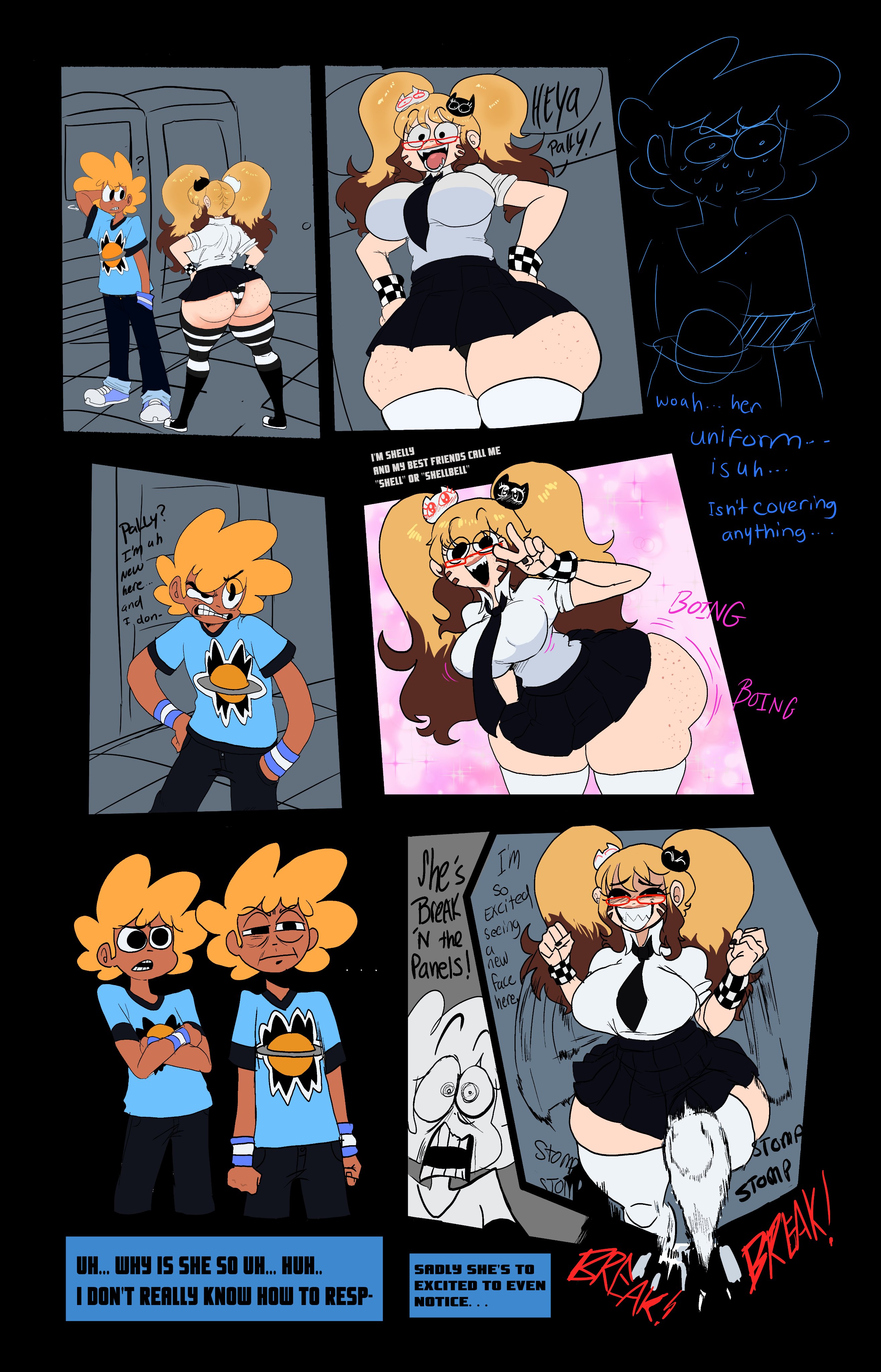 ?, 1boy, 1girls, 2023, andrew (lemonadepikachu), armband, ass, back view, big ass, big breasts, black skirt, black tie, blonde hair, blue shirt, bottom heavy, breasts, brown highlights, comic panel, concerned, cute, dark skin, dark-skinned male, duo, duo focus, english text, excited, fat ass, female, freckles, freckles on thighs, front view, fully clothed, gigantic thighs, glasses, half-closed eyes, hourglass figure, huge ass, huge thighs, large ass, lemonadepikachu, light skin, light-skinned female, long hair, looking at partner, male, oc, open smile, original, original character, pale skin, pale-skinned female, pants, peace sign, rear view, school uniform, schoolgirl, schoolgirl uniform, sharp teeth, shelly (lemonadepikachu), shocked, shocked expression, short hair, short skirt, skirt, smile, sparkles, stomping, striped legwear, striped thighhighs, talking to partner, text, thick thighs, thighhighs, tie, voluptuous, wide hips, yellow hair