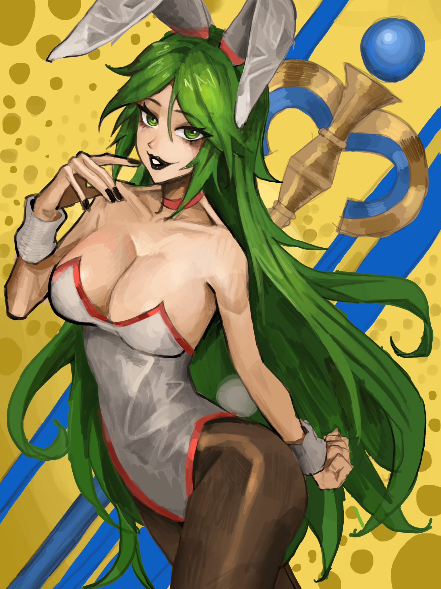 1girls, black lipstick, black nails, breasts, bunny ears, bunnysuit, female, female only, green hair, kid icarus, long hair, nintendo, palutena, pantyhose, saiykik, solo