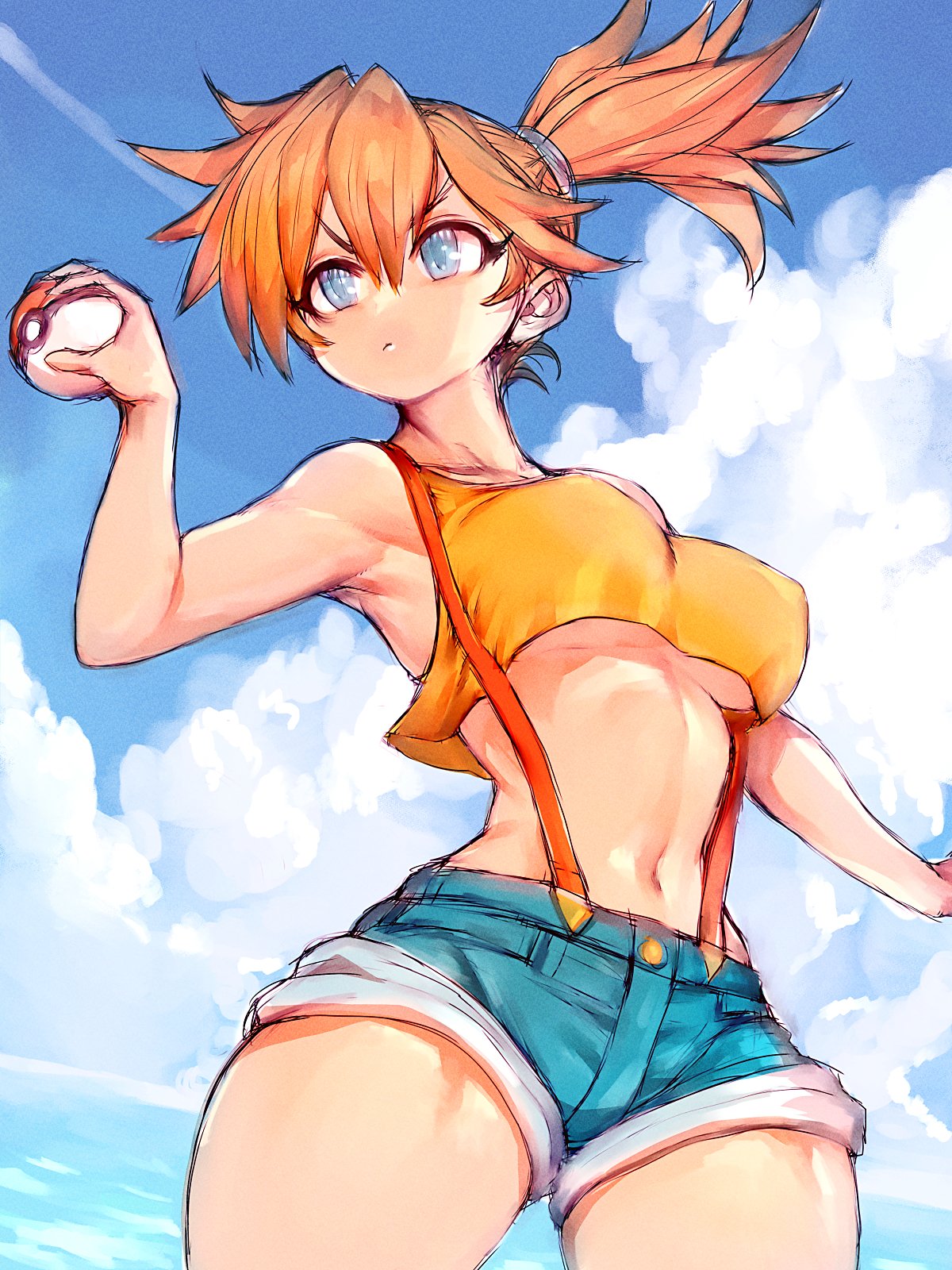 1girls closed_mouth creatures_(company) eyelashes female female_only fumio_(rsqkr) game_freak green_eyes green_shorts hand_up highres holding holding_poke_ball kasumi_(pokemon) looking_at_viewer misty_(pokemon) navel nintendo one_eye_closed orange_hair outstretched_arms poke_ball poke_ball_(basic) pokemon pokemon_(anime) pokemon_(classic_anime) pokemon_rgby shirt shorts side_ponytail simple_background sleeveless sleeveless_shirt solo spread_arms suspenders tongue twitter_username yellow_shirt