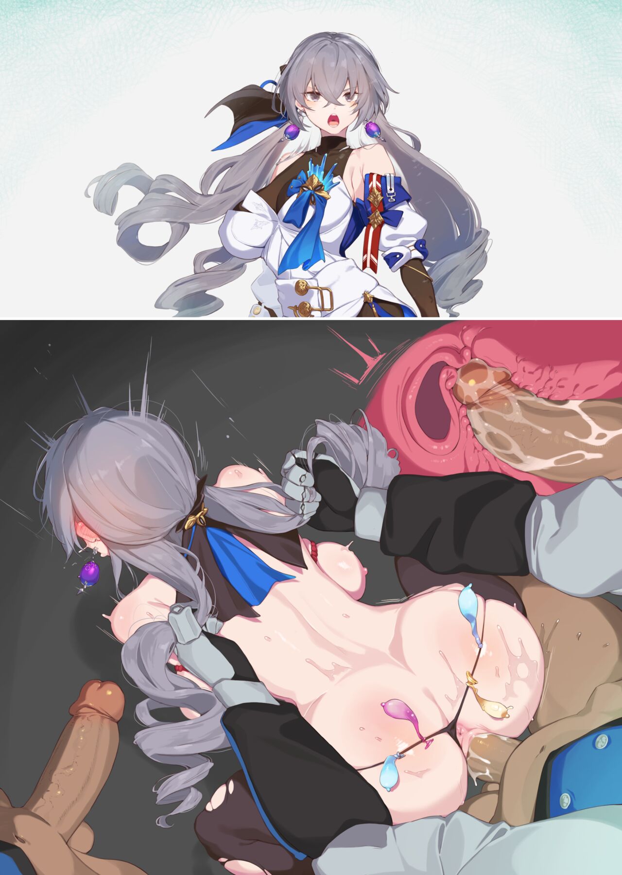 2boys, ass, bare shoulders, big ass, big belly, big breasts, big nipples, blush, bodysuit, breasts, bronya rand, condom, condom filling, condom wrapper, crossed bangs, defeat, defeat sex, defeated, defeated hero, defeated heroine, earrings, elbow gloves, female, gang bang, gangbang, gangrape, gloves, grey hair, hair ornament, honkai (series), honkai: star rail, huge ass, huge breasts, huge butt, huge nipples, instant loss, instant loss 2koma, jewelry, large ass, large breasts, large butt, long hair, male, nipples, penetration, penile penetration, penis, penis in pussy, pointless condom, pussy, rape, sex, solo focus, straight, teeth, thighs, tongue, tongue out, torn bodysuit, torn clothes, used condom, used condoms, vagina, vaginal insertion, vaginal penetration, vaginal sex, yanje