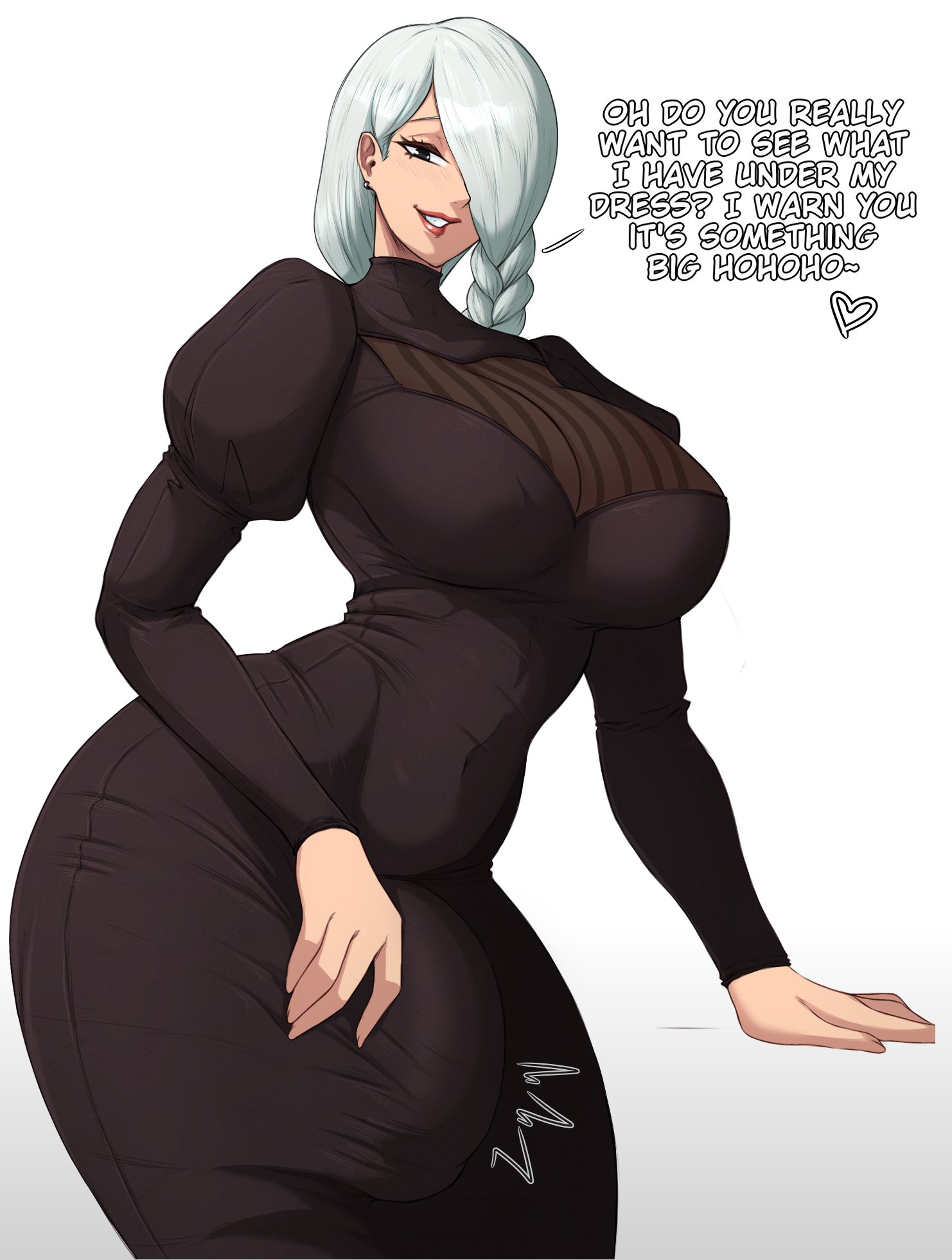 1futa, alternate version available, big breasts, big penis, breasts, bulge, clothed, clothing, dialogue, dirty talk, english text, erection under clothes, flaccid, fully clothed, futa only, futanari, human, intersex, jujutsu kaisen, large breasts, light skin, light-skinned futa, mei mei (jujutsu kaisen), penis, penis under clothes, short hair, solo, standing, text, thick thighs, thighs, vicsenpai, wide hips