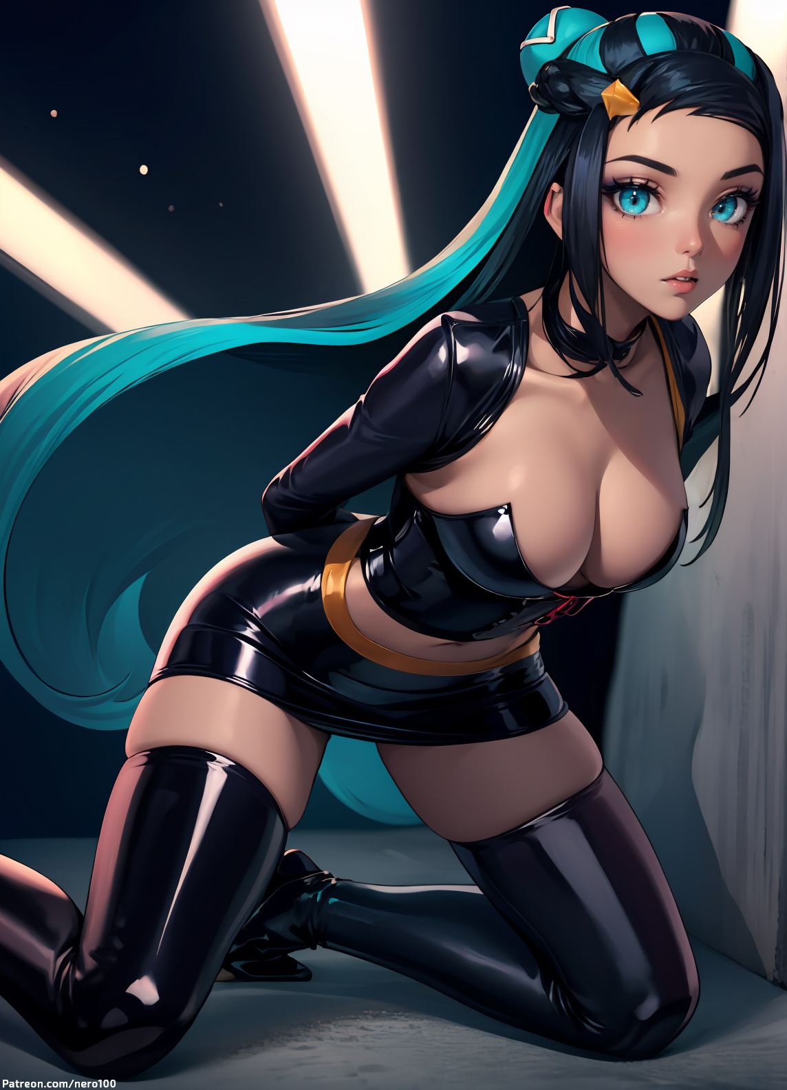 1girls, 2d, ai generated, ass, athletic, athletic female, belly, big ass, big breasts, black hair, black latex, blue eyes, breasts, cameltoe, chest, cleavage, curvy, curvy figure, cute, cute face, dark hair, dark skin, dark-skinned female, detailed, dress, eyelashes, eyeshadow, female, female only, fit, fit female, focus, game freak, high quality, latex, latex clothing, latex suit, legs, lips, lipstick, long hair, looking at viewer, makeup, mascara, midriff, nessa (pokemon), nintendo, pokemon, pokemon (game), pokemon ss, posing, pussy, rubber, rubber clothing, seductive, seductive look, stable diffusion, tagme, tanned, tanned female, tanned skin, thick ass, thick butt, thick thighs, thighs, wide hips