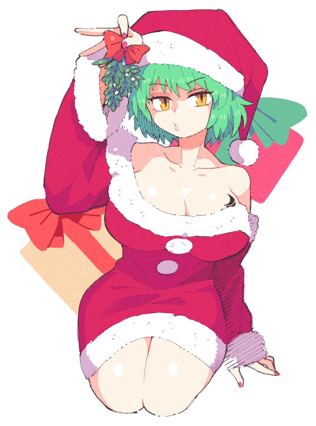 breast_tattoo breasts christmas commentary female gift green_hair hat highres hikage_(senran_kagura) inkerton-kun inkuusan large_breasts santa_costume santa_hat senran_kagura solo symbol-only_commentary tattoo yellow_eyes