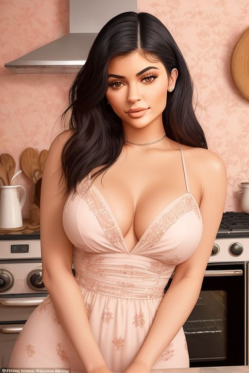 50's_theme ai_generated big_breasts breasts celebrity hourglass_figure kitchen kylie_jenner sexy_dress thick_thighs tradwife wife