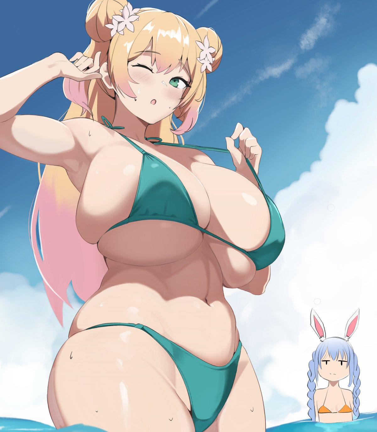 :o, 2girls, bikini, blush, breast envy, breasts, double bun, female, flat chest, hololive, hololive fantasy, hololive gen 5, hololive japan, huge breasts, momosuzu nene, one eye closed, partially submerged, pulling bikini string, setawar (coco), skindentation, swimming pool, thick thighs, usada pekora, virtual youtuber, voluptuous, wide hips
