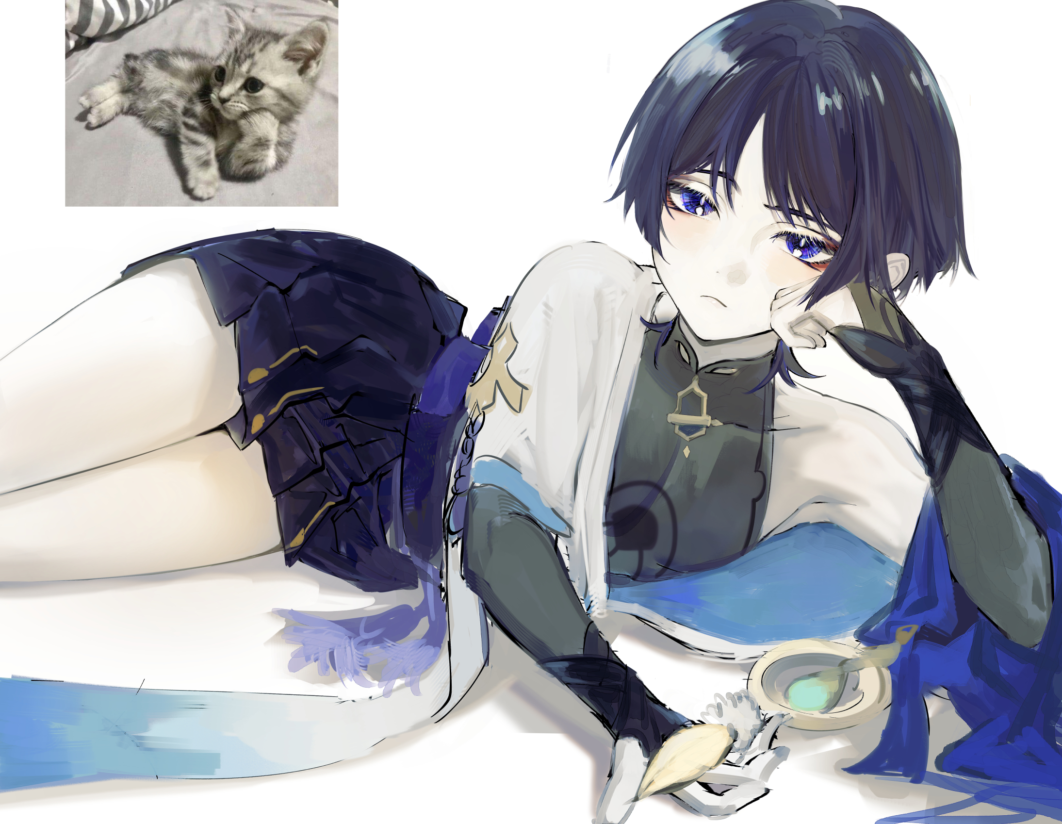 1boy, arched back, bare shoulders, blue eyes, blue hair, clothing, feline, femboy, genshin impact, girly, lying, male, male only, pose, scaramouche (genshin impact), seductive, seductive pose, shorts, solo, tagme, thighs