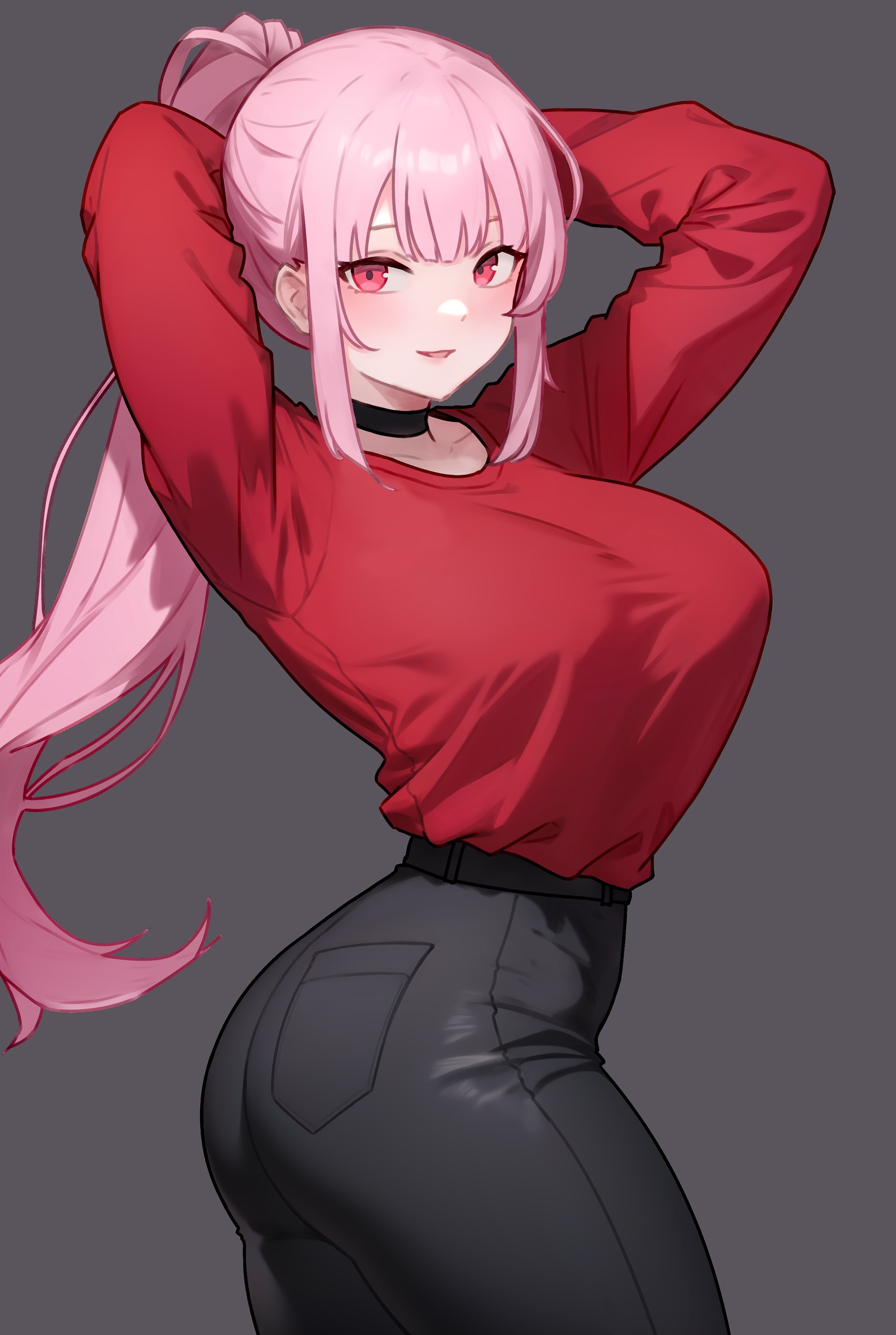 1girls, ass, bluefield, breasts, clothed, female, hololive, hololive english, hololive myth, huge ass, huge breasts, light skin, light-skinned female, long hair, mori calliope, pink eyes, pink hair, thick thighs, tight pants, virtual youtuber