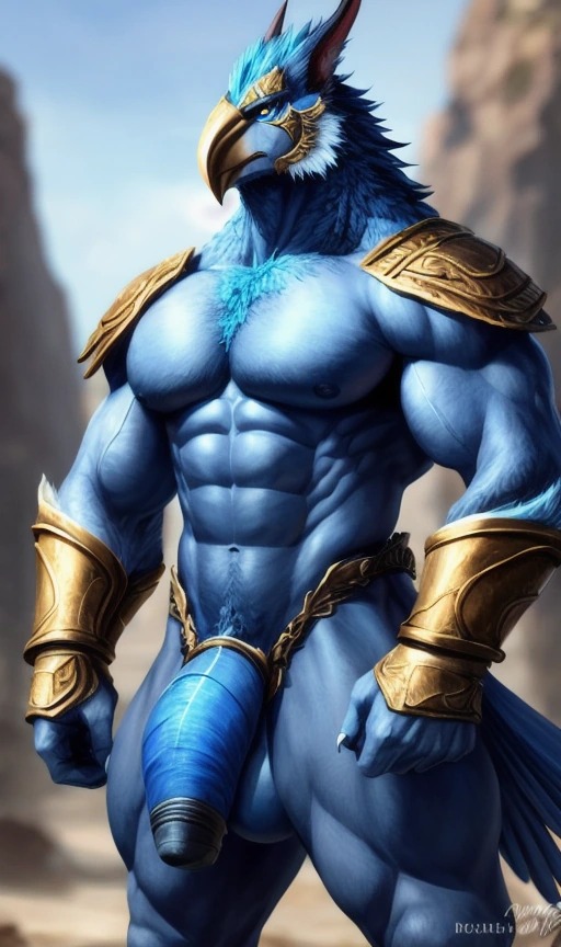 1boy ai_generated anthro avian avian_humanoid blue_feathers horns huge_balls huge_cock monster monster_cock muscles muscular muscular_anthro muscular_male thancrus