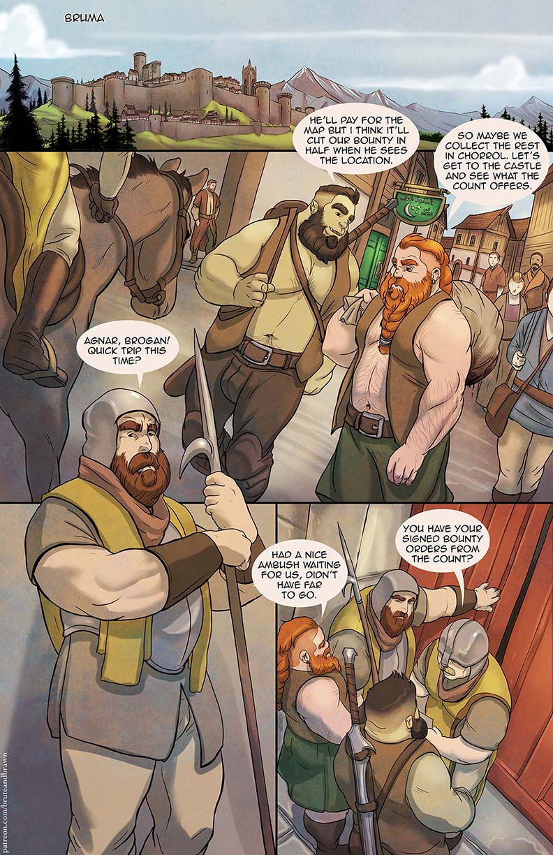 bara bbm beard belly belly_hair black_hair brown_beard bruteandbrawn chest_hair chubby chubby_male colored comic comic_page dialogue dialogue_bubble facial_hair gay ginger green_body green_skin hairy hairy_arms hairy_belly hairy_chest hairy_male highres human_on_orc male male/male male_only muscles muscular muscular_male orc orc_male orc_on_human original_character patreon_username white_body white_skin yaoi