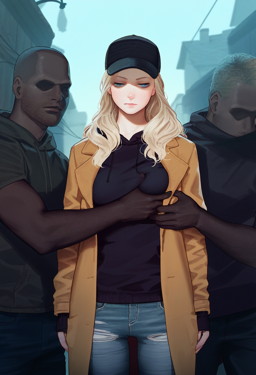 1girls, 2boys, ai generated, big breasts, blonde hair, blue eyes, breasts, cap, coat, dark skin, dark-skinned male, expressionless, female, fully clothed, grope, groping, groping breasts, interracial, light skin, light-skinned female, long hair, male, resident evil, resident evil 8: village, rosemary winters