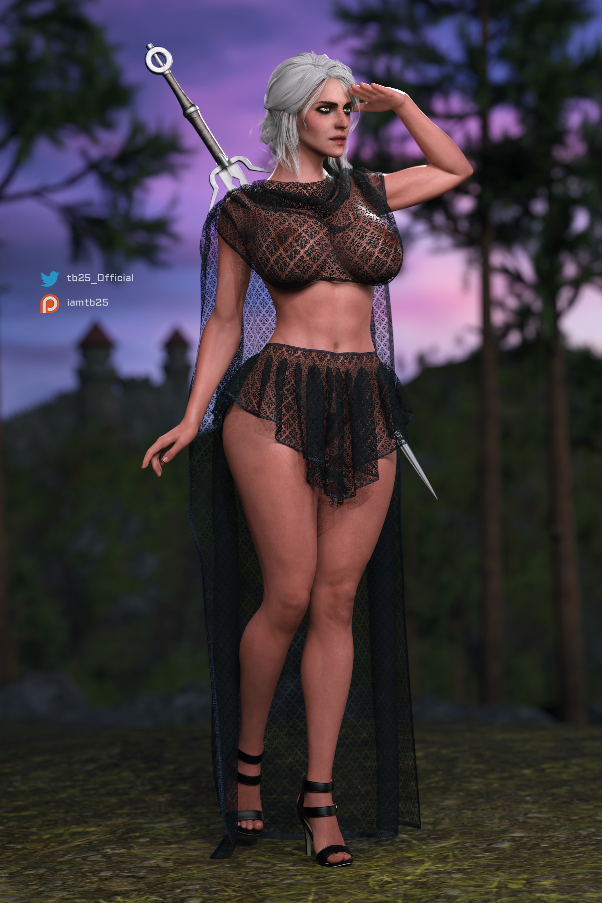 1girls, 3d, abs, areolae, armwear, ass, big ass, big breasts, breasts, ciri, female, female focus, female only, fit, fit female, green eyes, high heels, leggings, legwear, light skin, light-skinned female, muscular, muscular female, necklace, partially clothed, partially clothed female, scar, scar on face, tattoo, tb25, the witcher (series), the witcher 3: wild hunt, thick thighs, thighs, white body, white hair, white skin