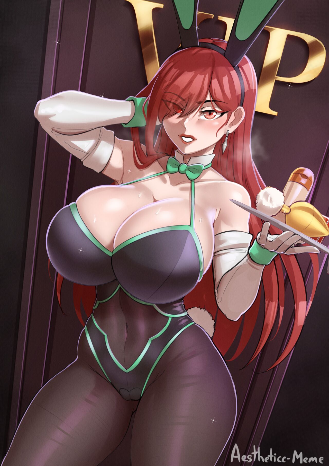 1girls, aestheticc-meme, arm up, big breasts, blush, breasts, bunny ears, bunny girl, bunny tail, bunnysuit, clothed, clothing, erza scarlet, fairy tail, female, female focus, female only, gloves, large breasts, long hair, looking at viewer, plug (sex toy), red eyes, red hair, red-haired female, sex toy, solo, solo female, thick thighs, waitress