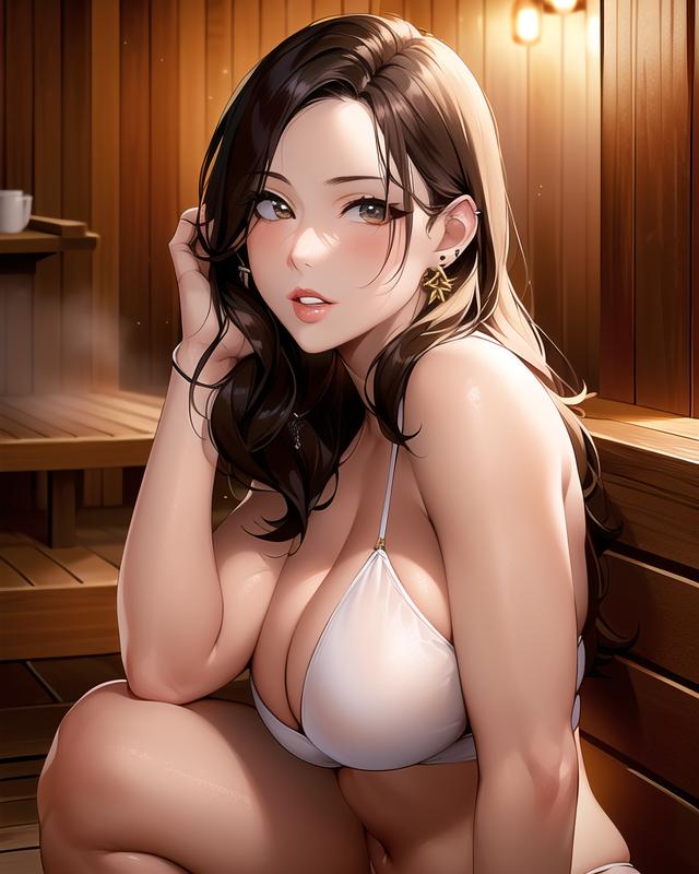 1girls ai_generated ai_mirror belly_button bench blush brown_eyes brown_hair earrings elbow_on_knee half_body hand_on_hair lights long_hair looking_at_viewer medium_breasts mug sauna sitting steam thick_lips underwear white_skin white_underwear